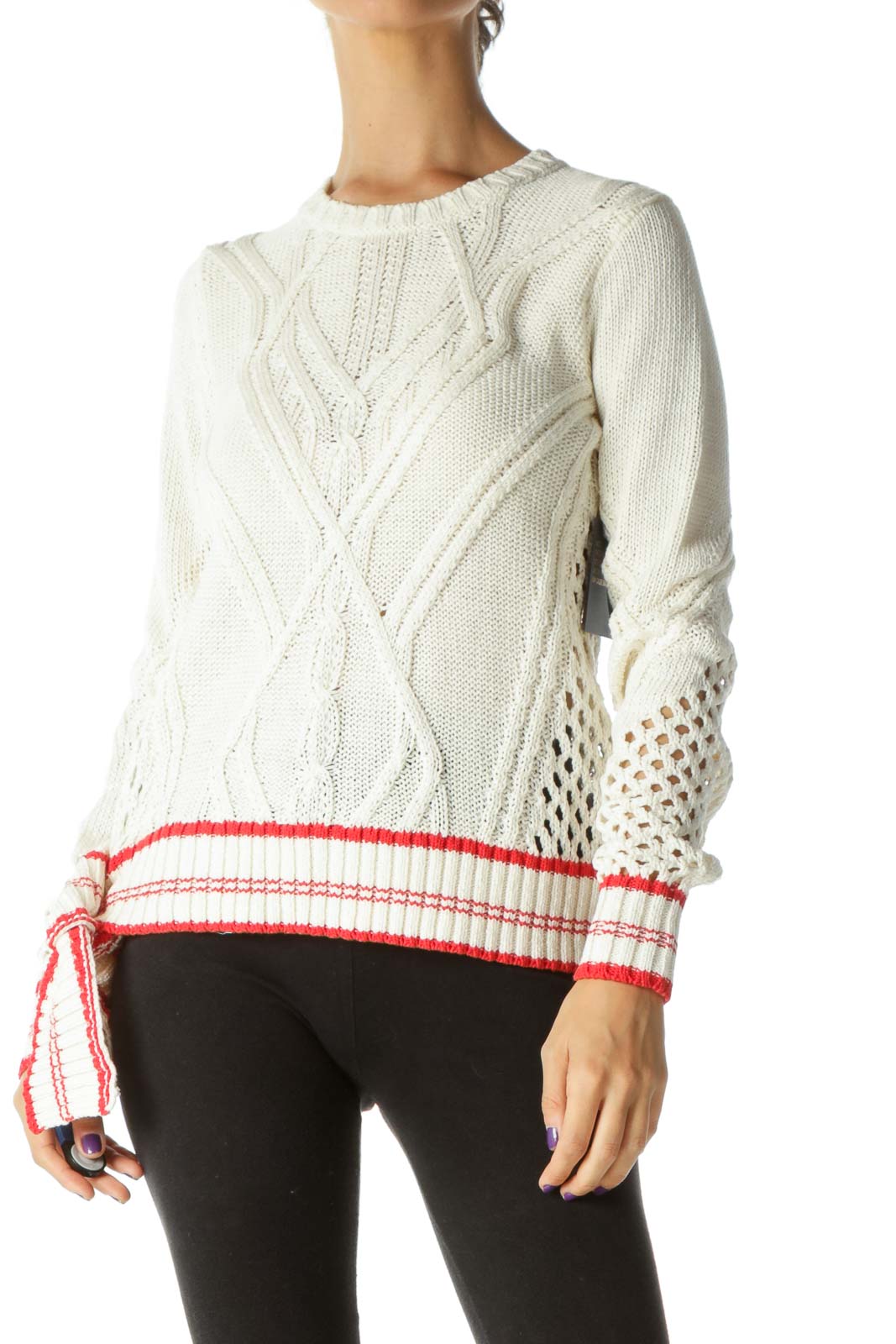 Cream Knit Sweater with Red Trim Front