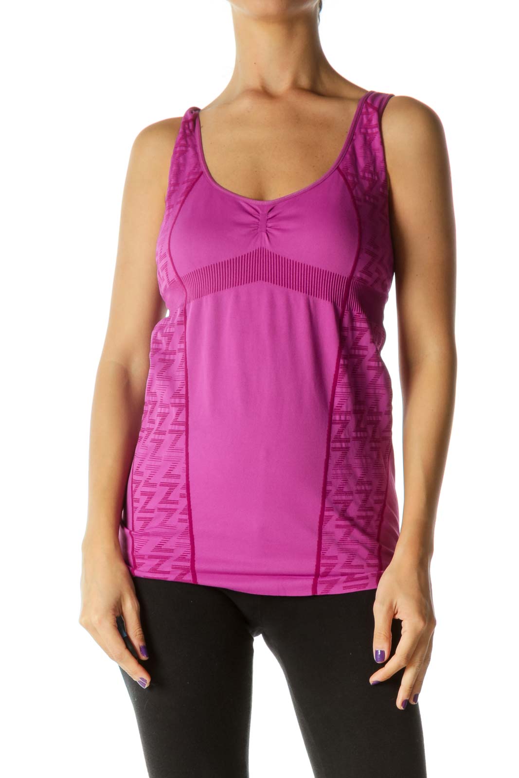 Magenta Pink Round Neck Built-In Support Stretch Active Tank Top Front