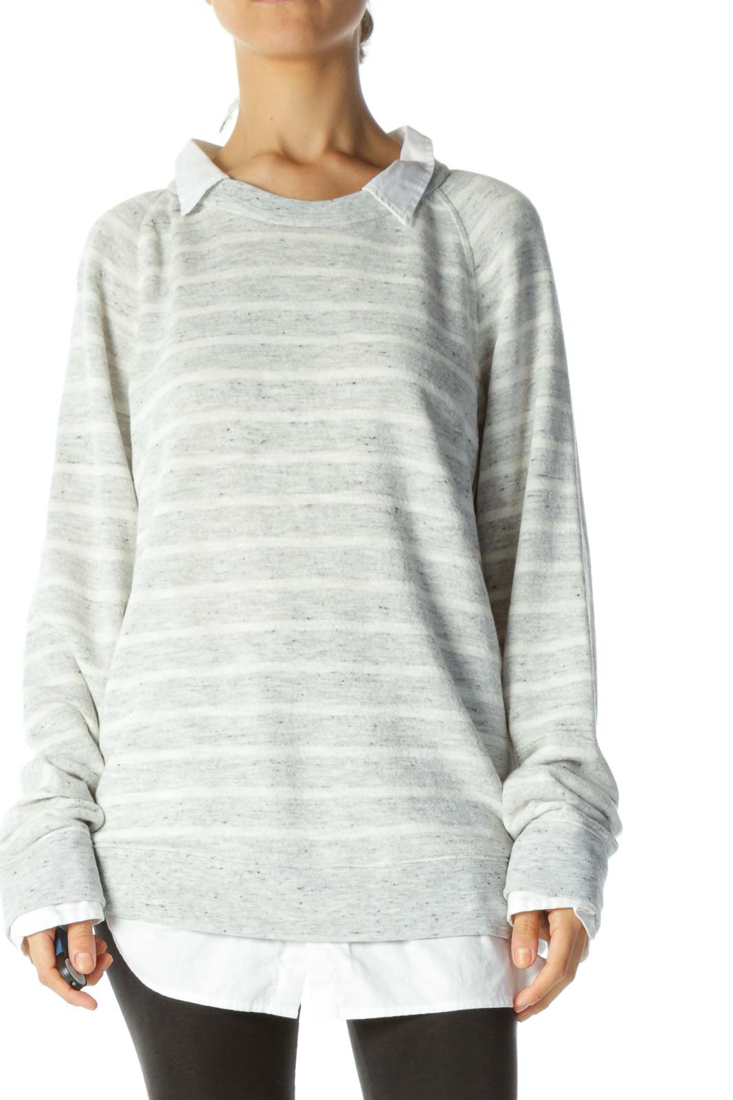 Gray & Cream Striped Mixed-Media Collared & Cuffed Sweater Front