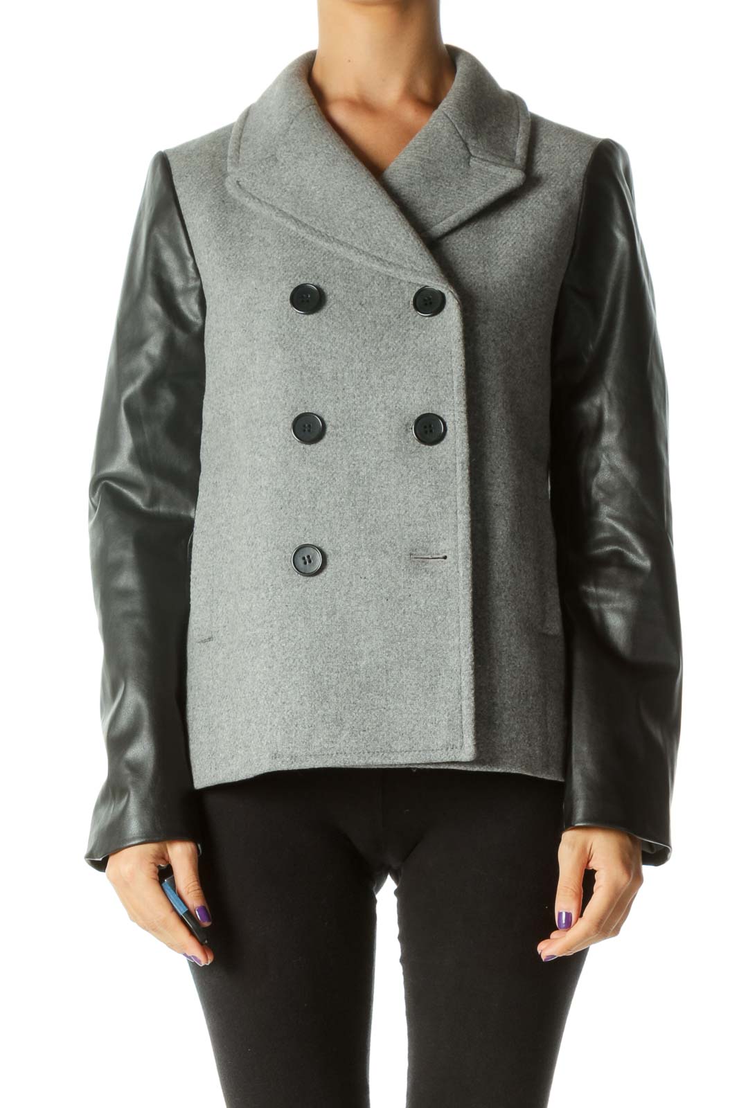 Gray Double Breasted Coat with Faux-Leather Sleeves Front