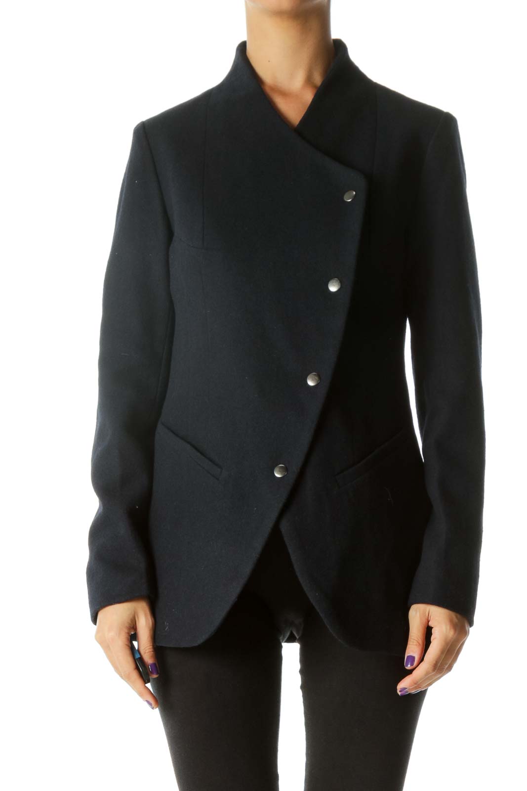Navy Wool Buttoned Coat Front