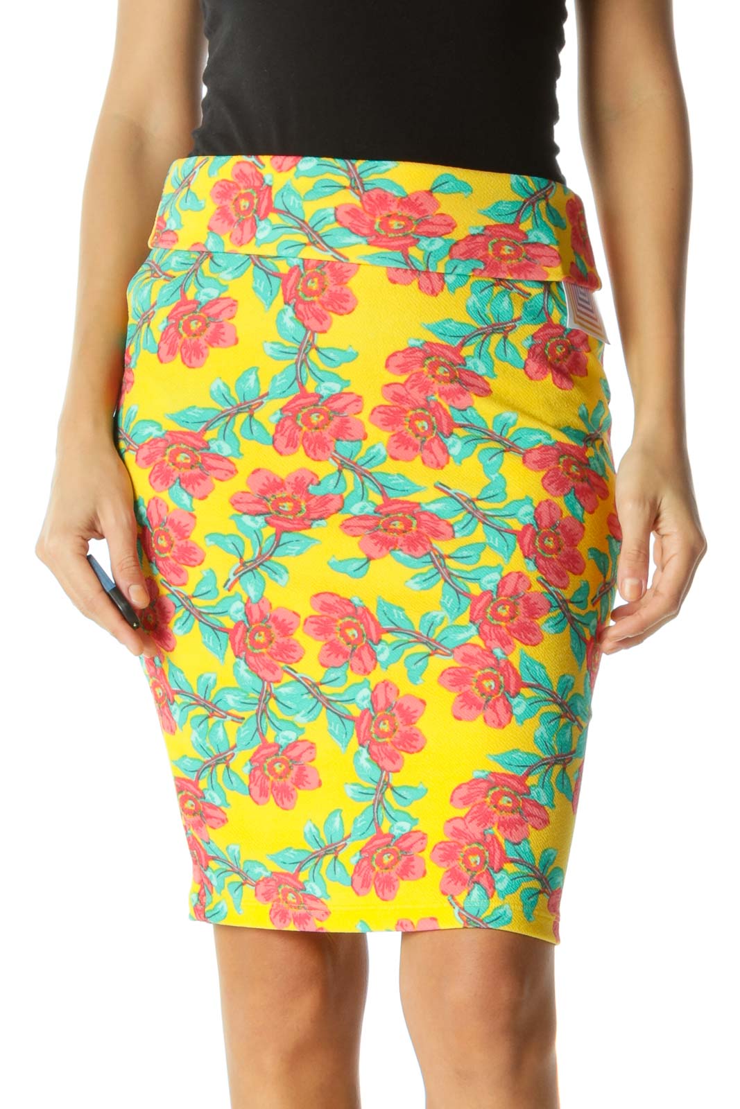Yellow Green Red Floral Print Stretch Pull On Skirt Front