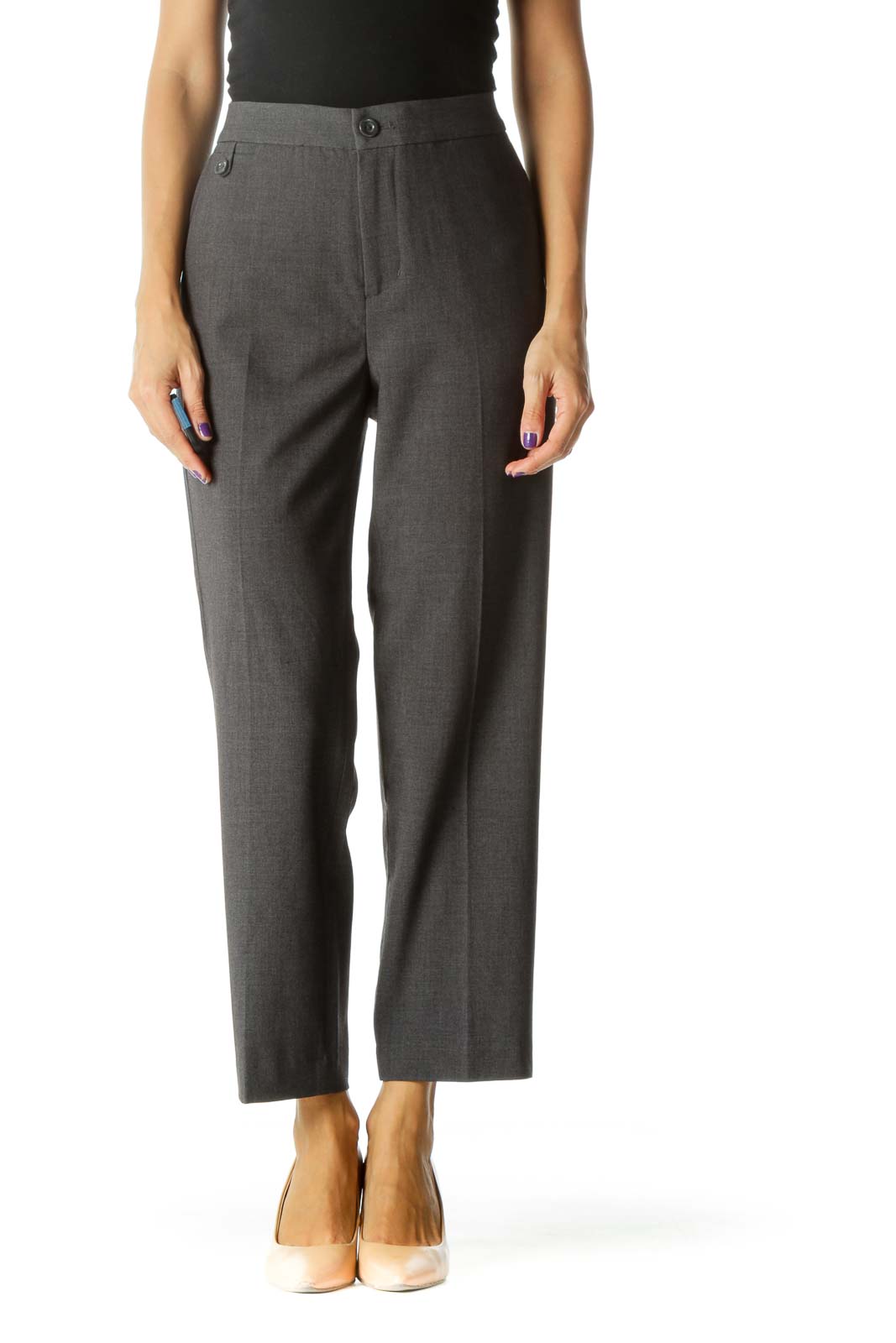 Gray Pocketed Thin Tapered Cropped Pants Front