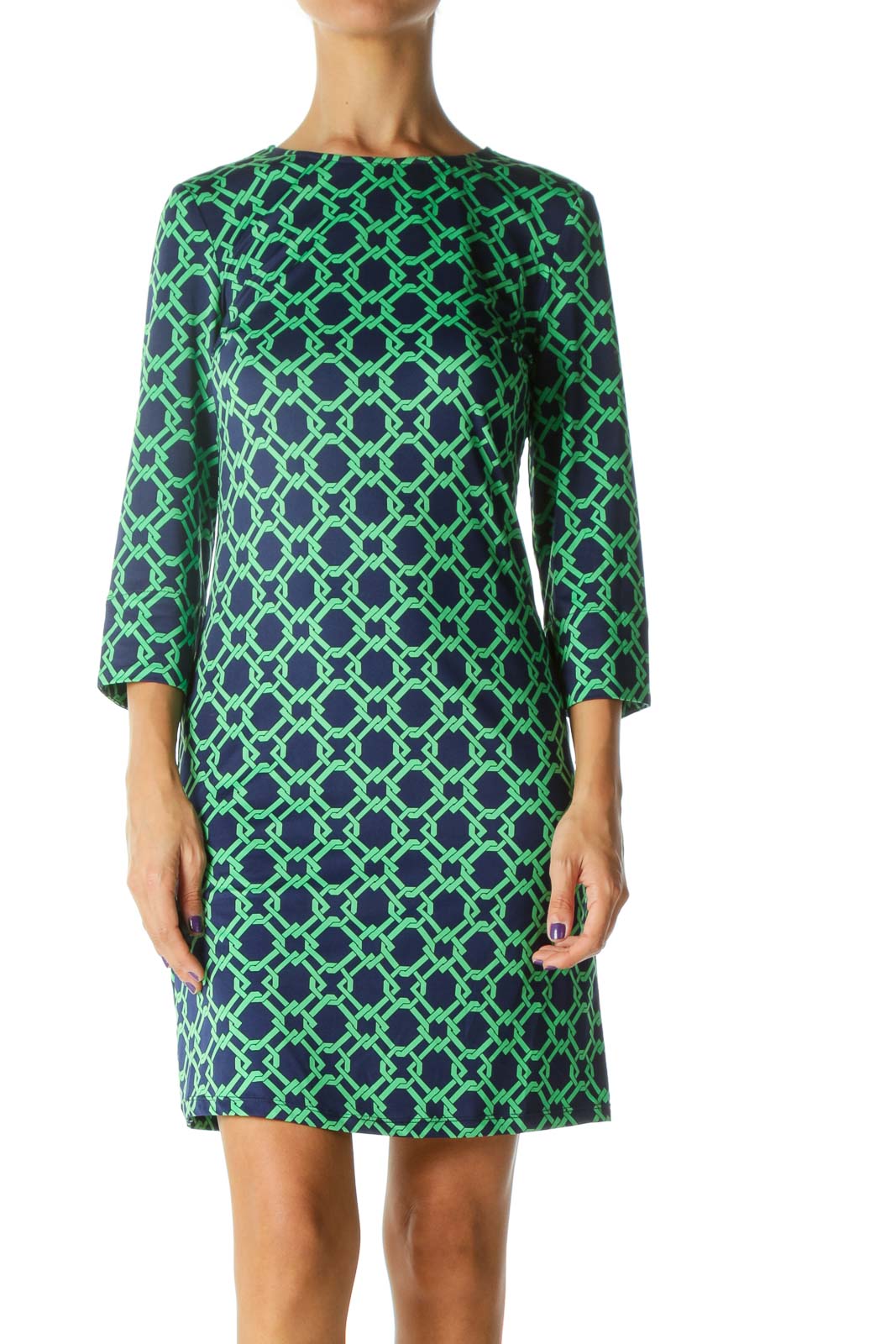 Blue Green Print 3/4 Sleeve Stretch Thin Day Dress Front