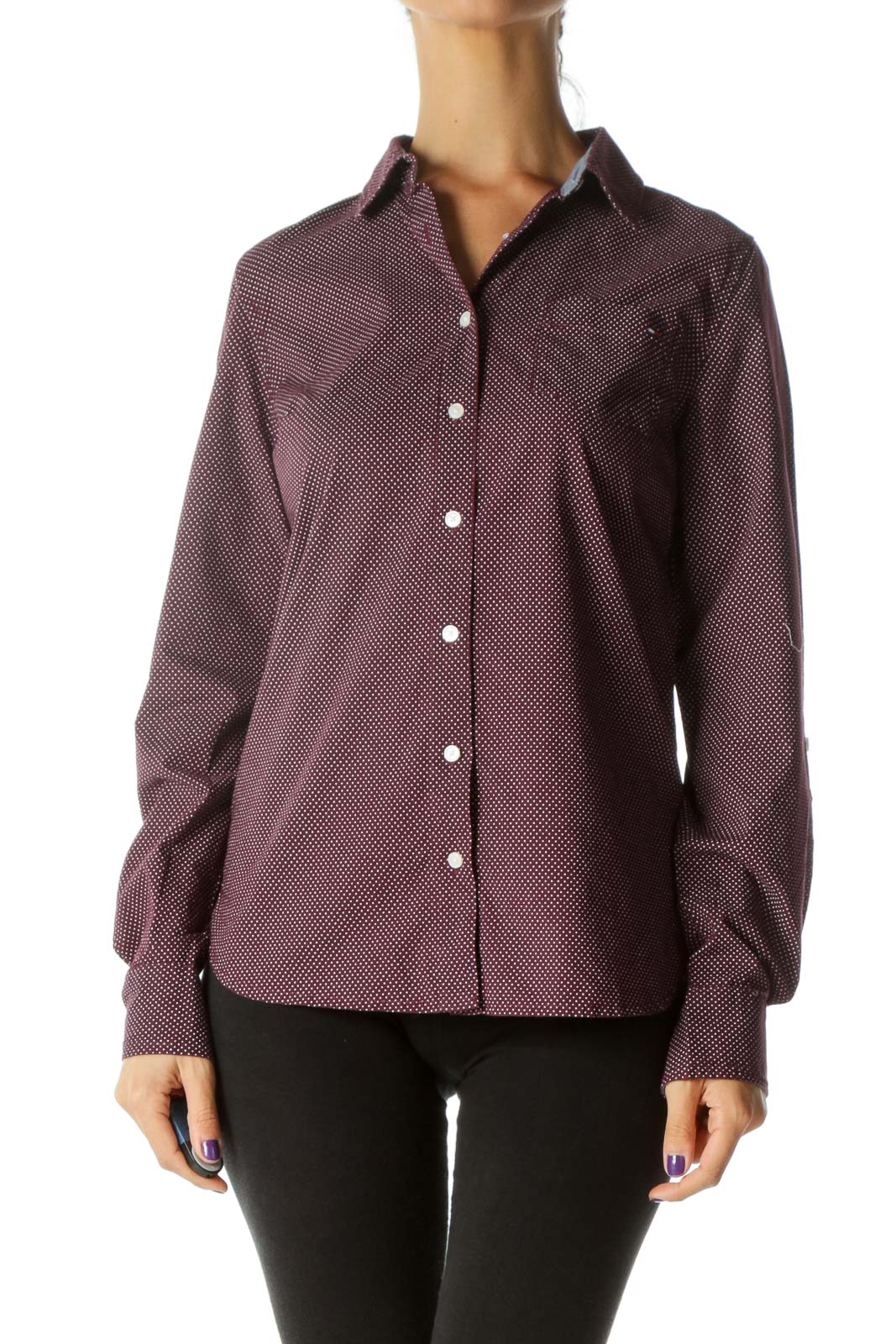 Burgundy White 100% Cotton Dotted Long Sleeve Shirt Front