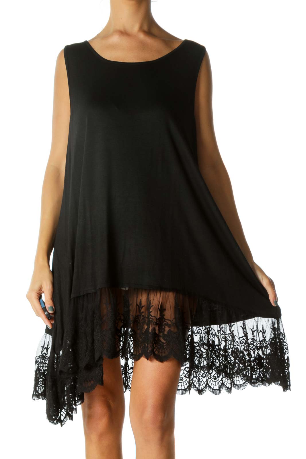 Black Relaxed Fit Lace Tank Dress Front