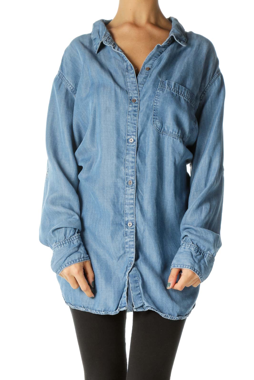 Blue Denim Button-Down Long-Sleeve Blouse Front