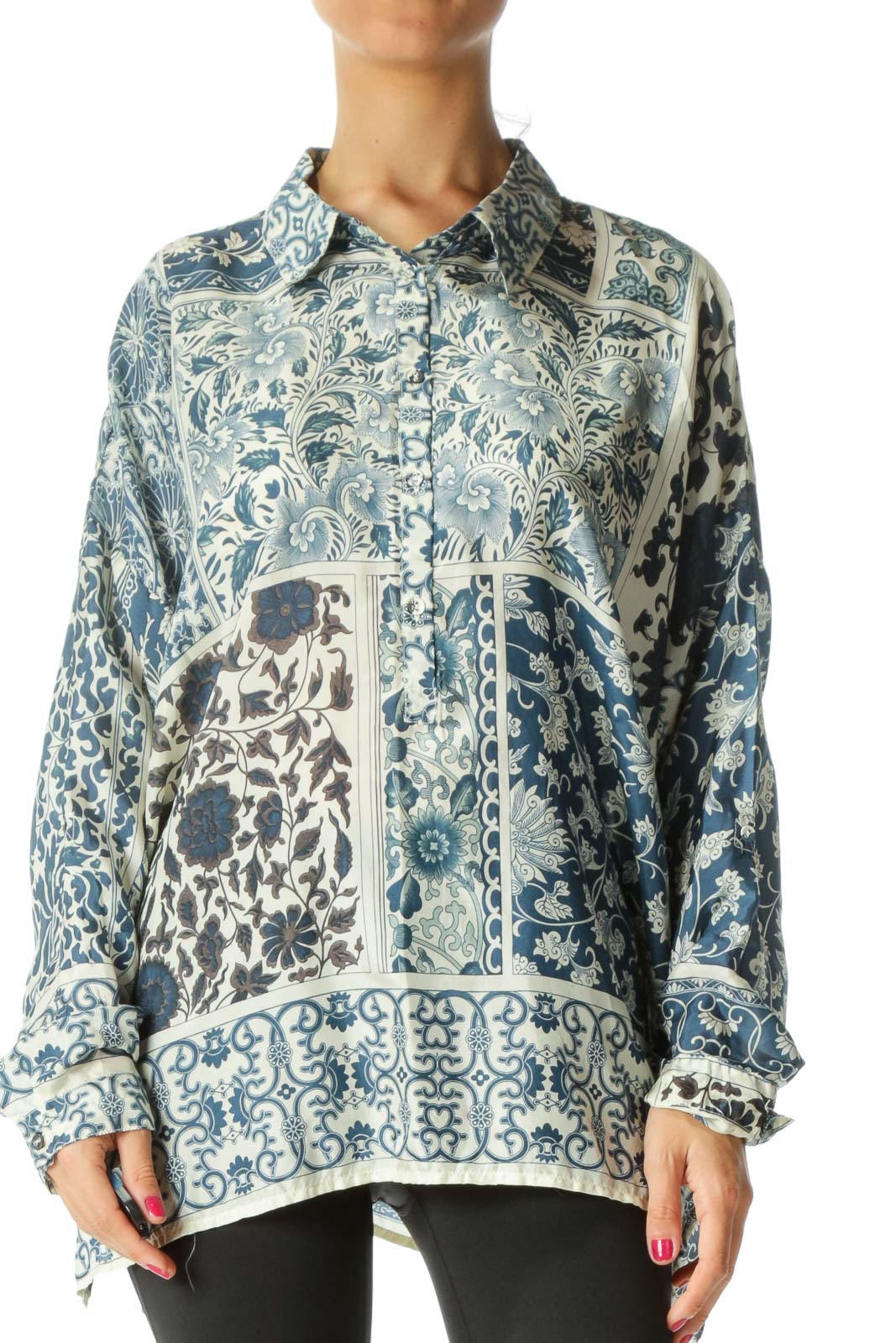 Blue Printed 100% Silk Shirt Front