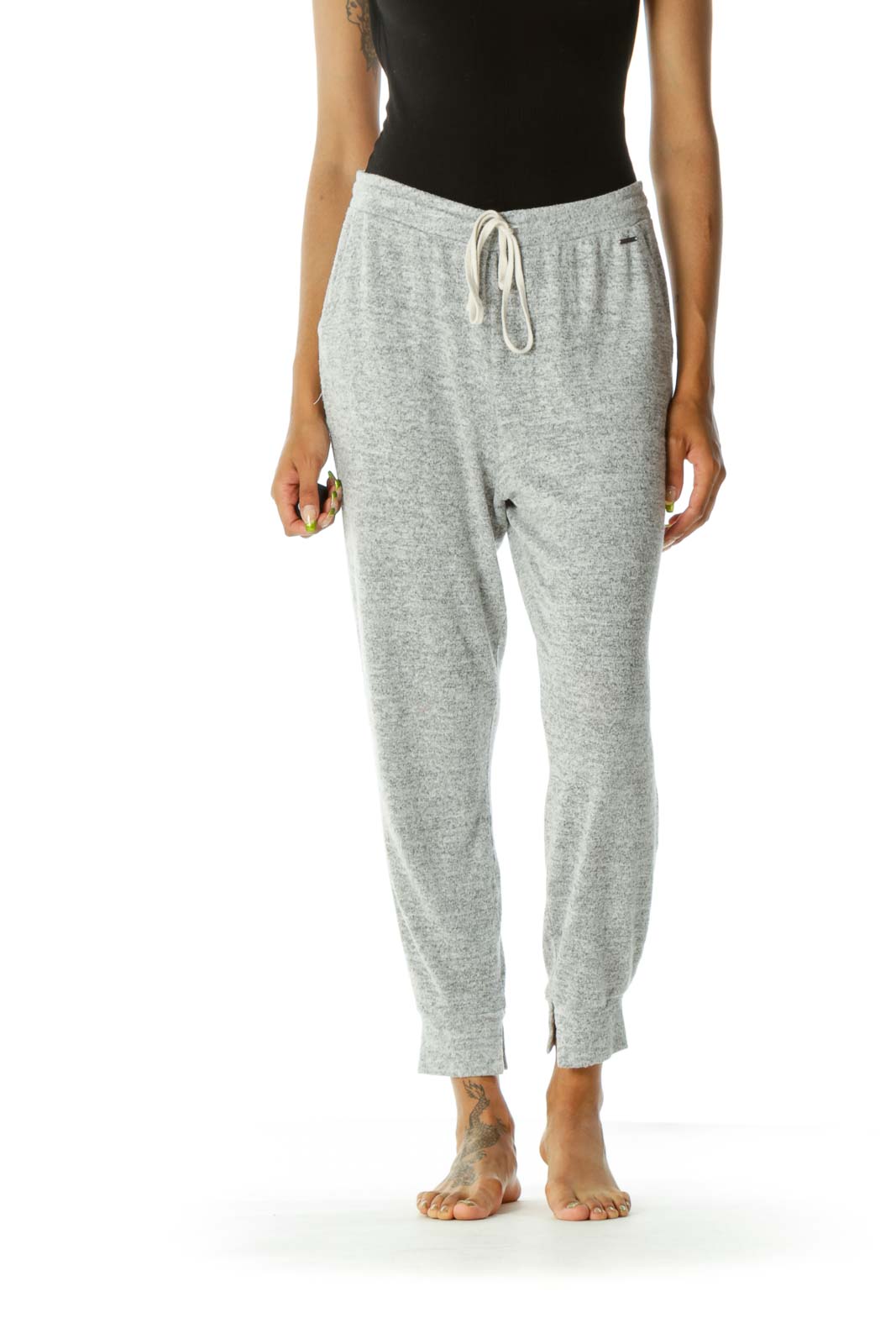 Gray Mottled Drawstring Stretch Comfy Pocketed Joggers Front