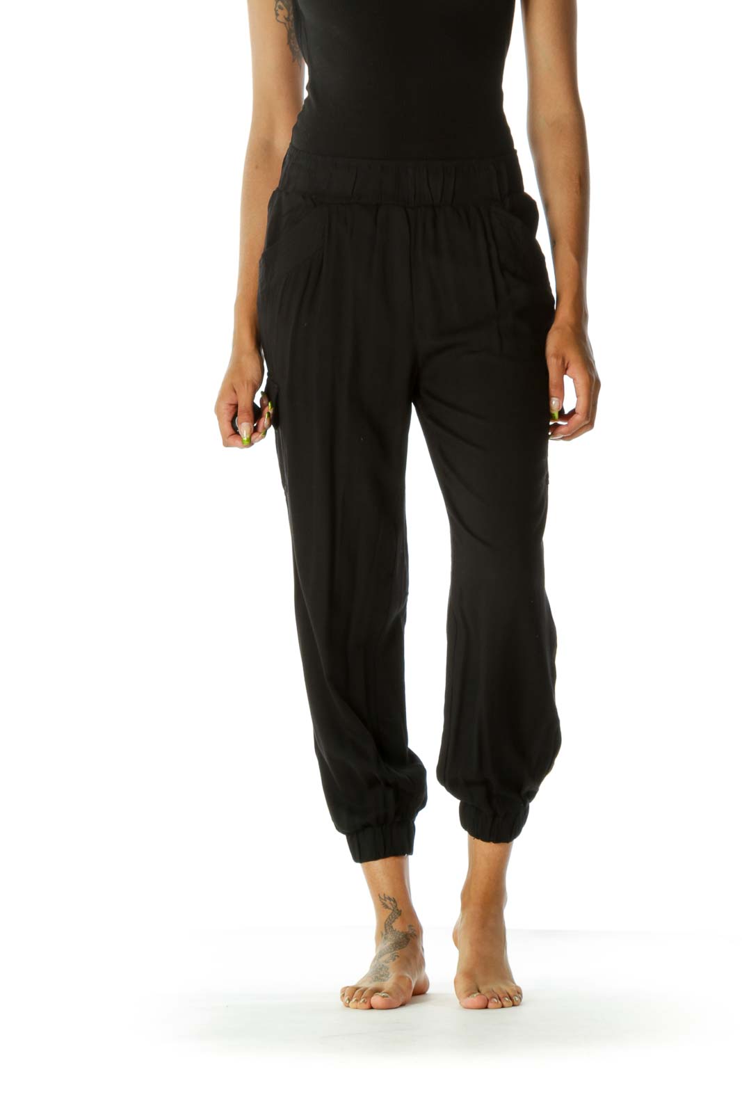 Black Pocketed Loose Elastic Ankles and Waistband Pants Front