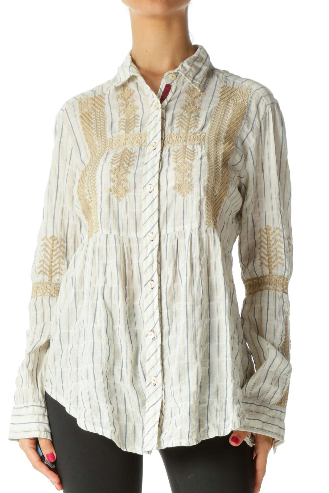 Beige Embroidered Cotton Shirt Front