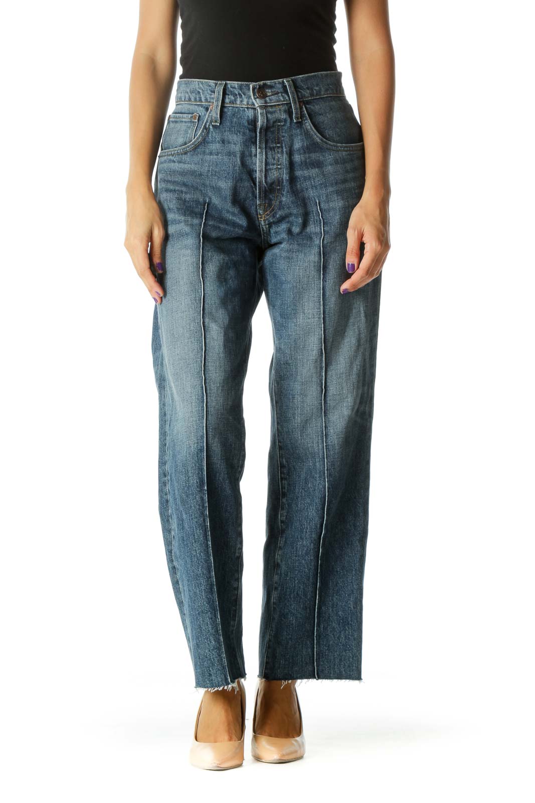 Blue Medium Wash 100% Cotton Raw Hem Buttons Fly Denim Jeans Front