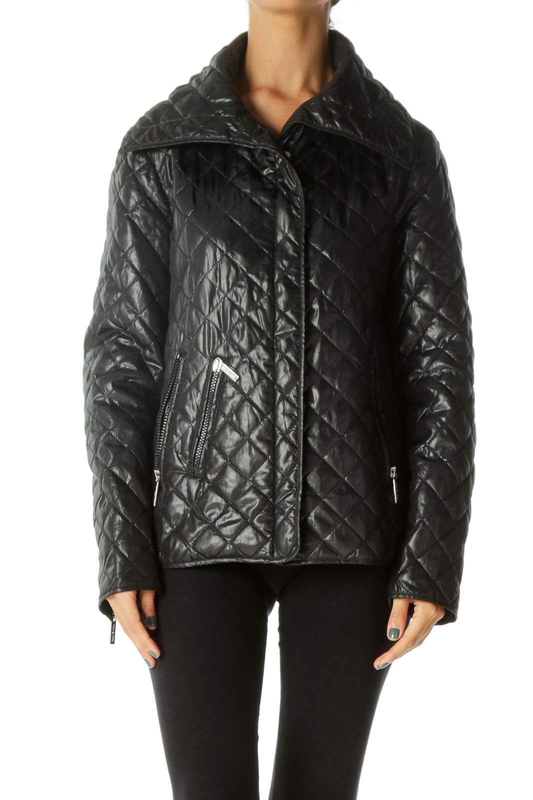 Black Zippered Quilted Padded Pocketed Jacket Front