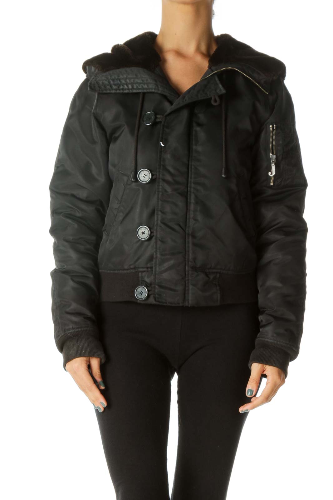 Black Convertible Hood Faux-Fur Padded Elastic Details Jacket Front