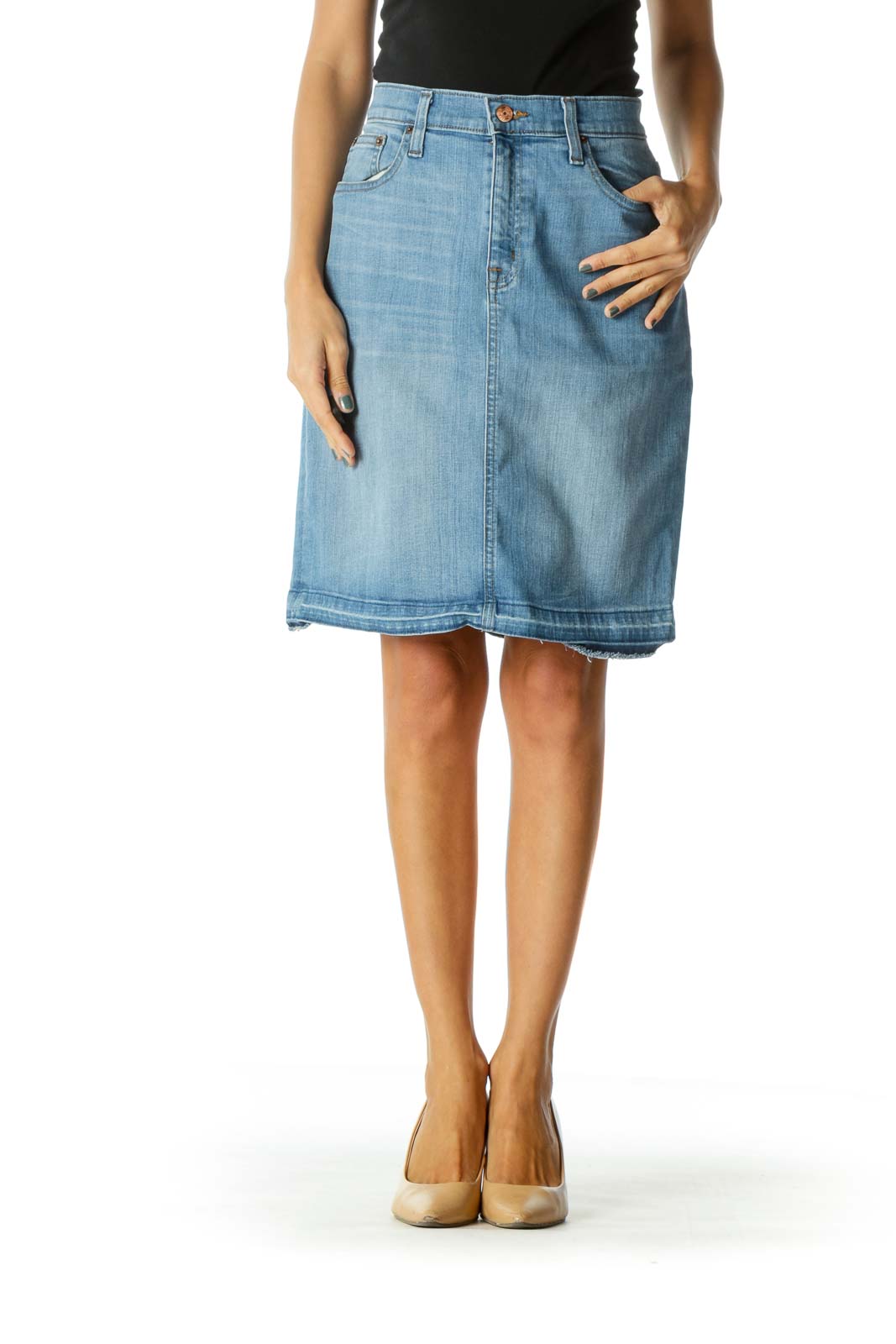 medium length denim skirts