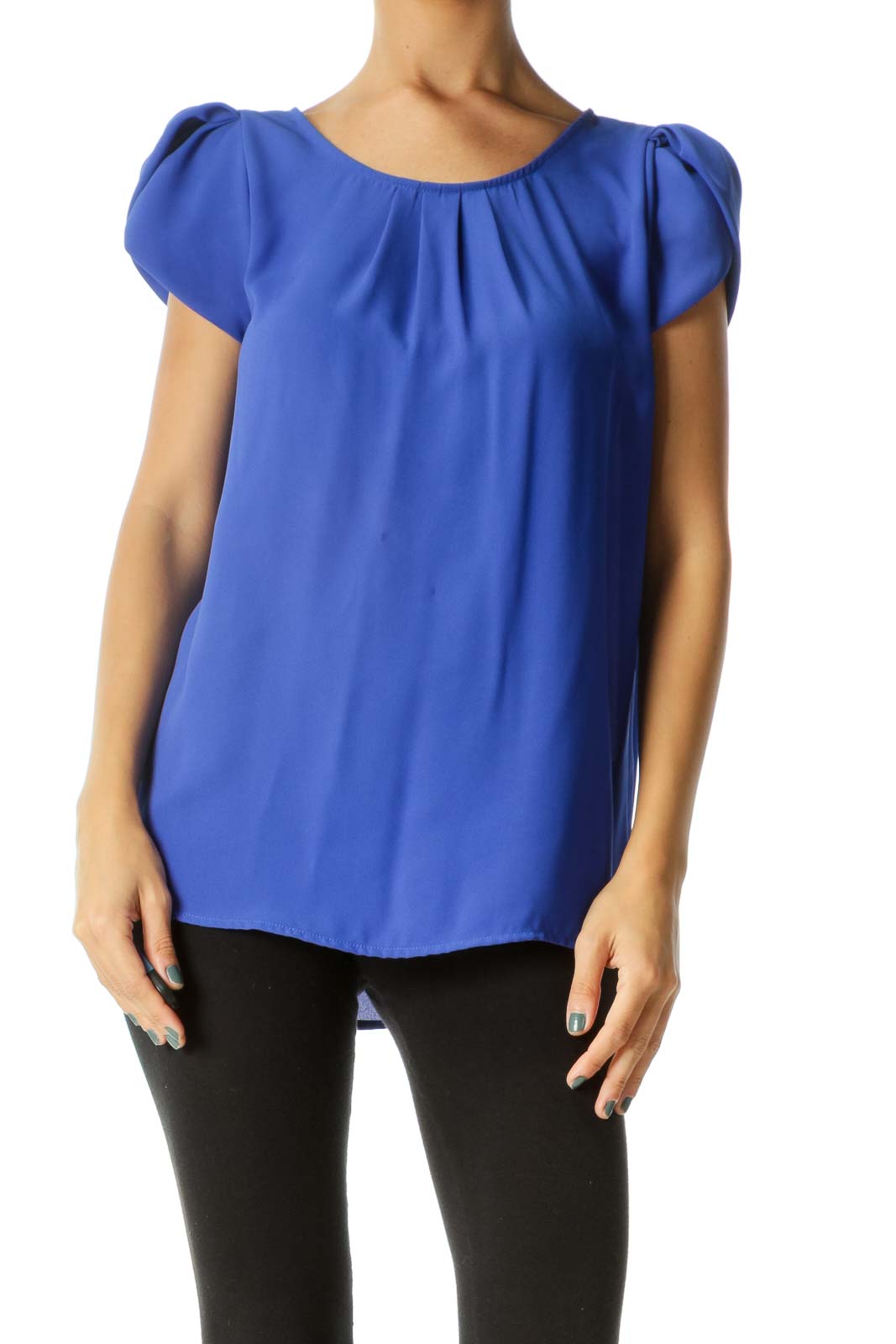 Royal Blue Round Neck Pleated Detail Cap Sleeves Top Front