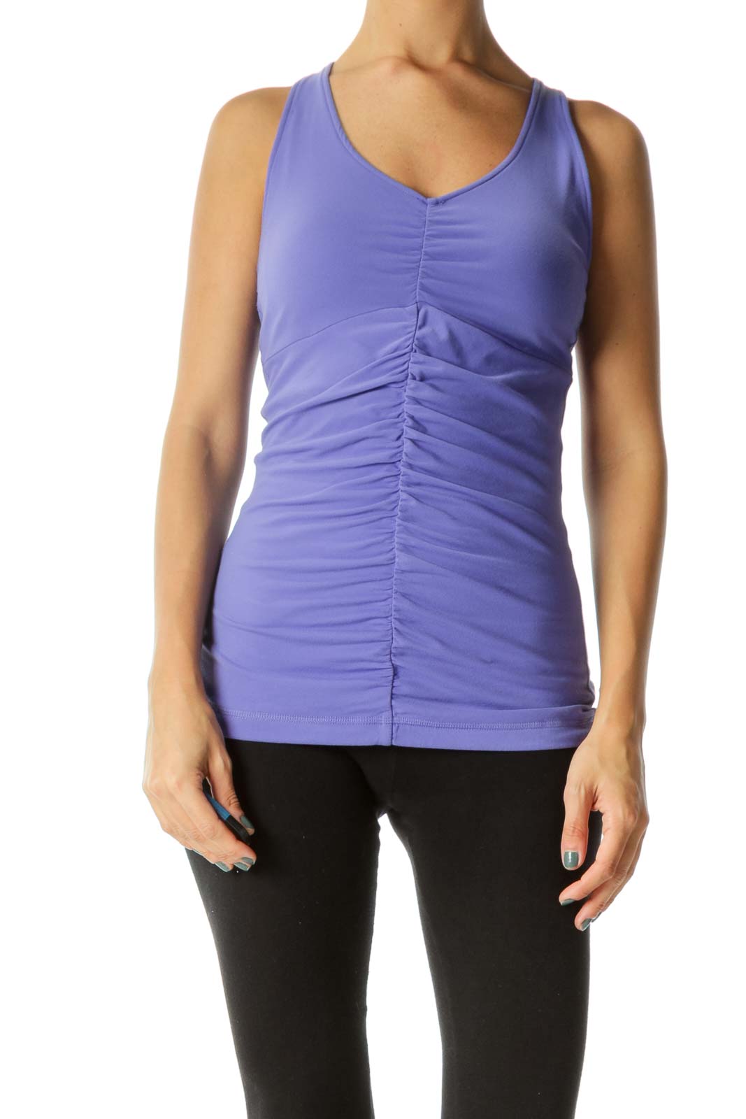 Purple V-Neck Scrunched Detail Sports Tank Top with Built-In Support Bra Front