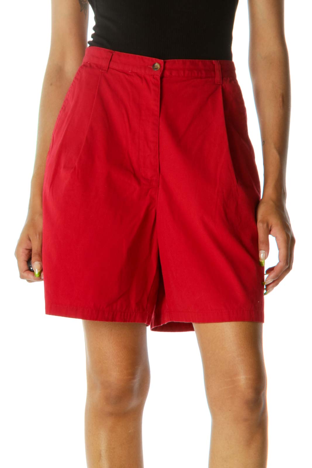 Red 100% Cotton Pleated High-Waist Shorts Front