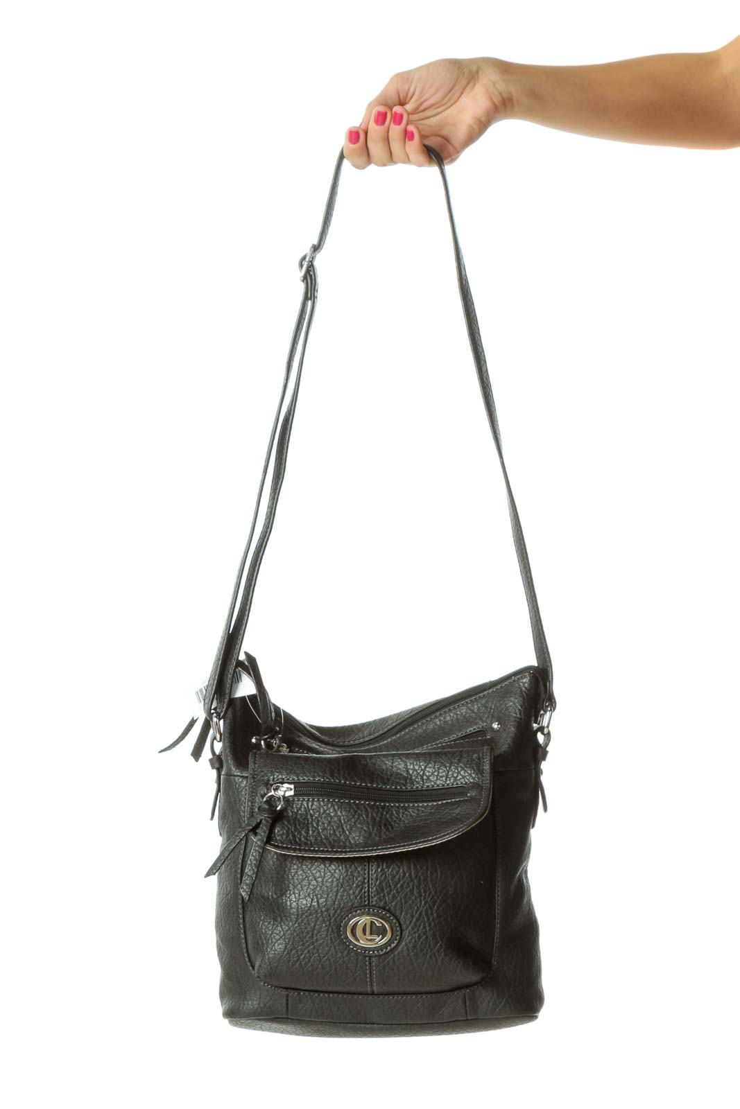 Black Faux-Textured-Leather Pocketed Crossbody Bag Front
