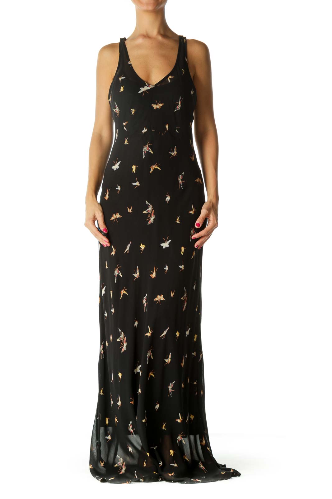 Black Beige Yellow Butterfly Print Maxi Dress Front