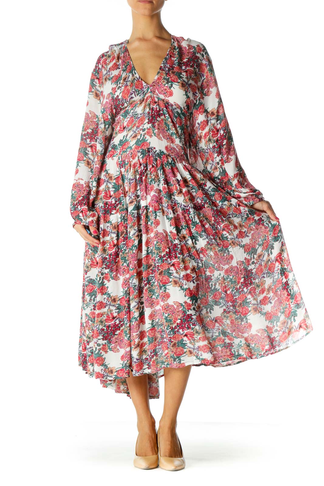 Red Floral Relax Ruffled Dress Front
