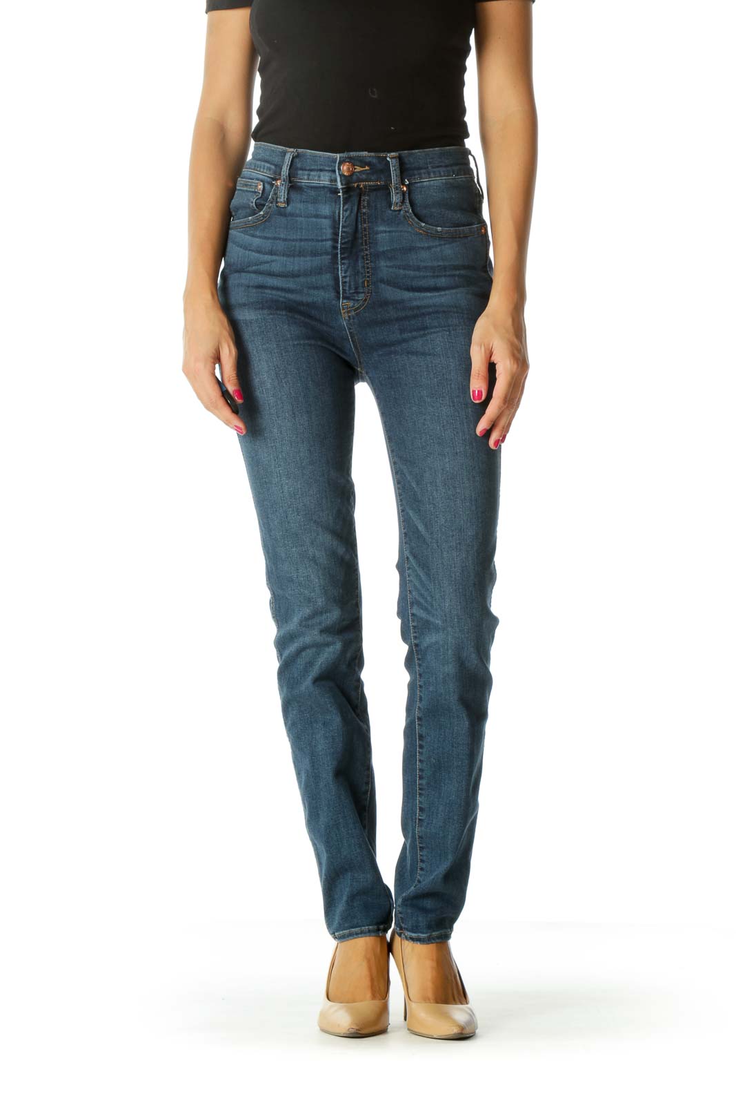 Blue Medium-Wash Distressed High-Waist Stretch Slim-Fit Jeans Front