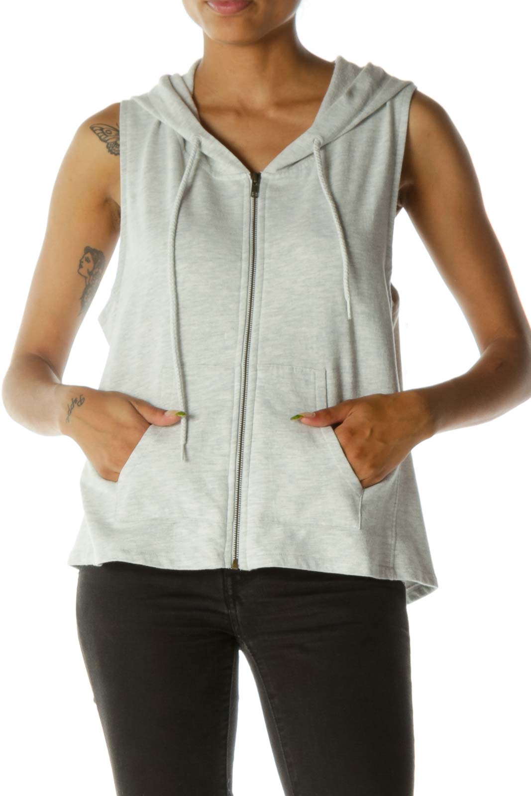Light Gray Cotton Hooded Vest  Front