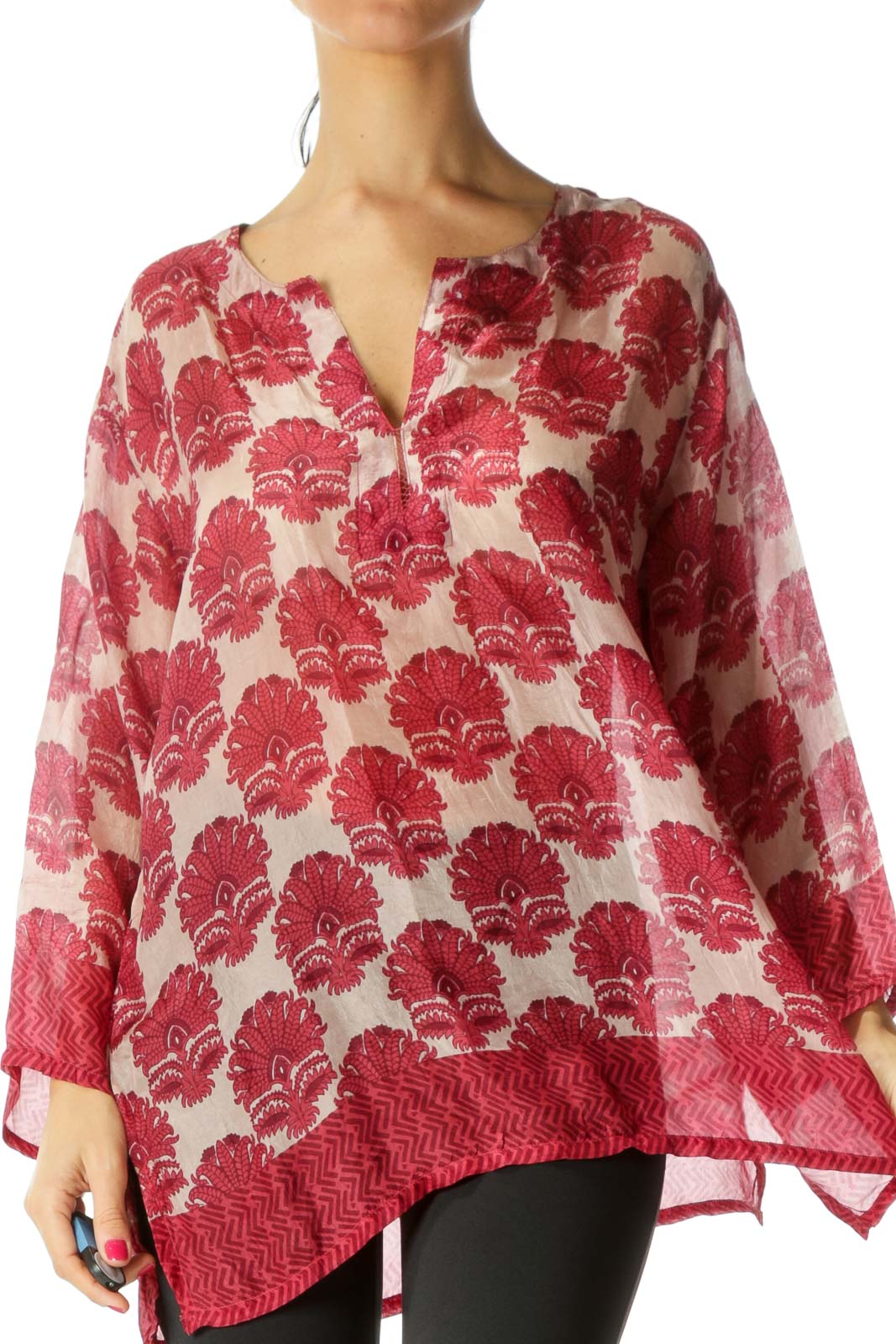 Red Sheer Printed 100% Silk Blouse Front