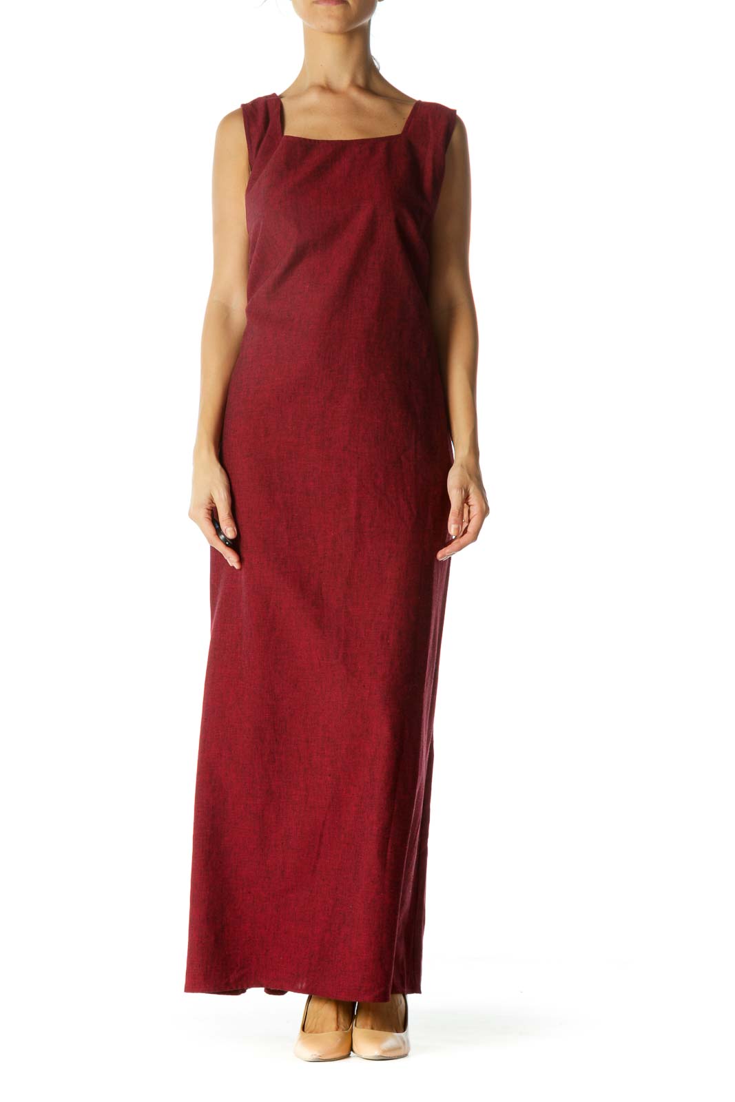 Red Linen Side Detail Maxi Dress Front