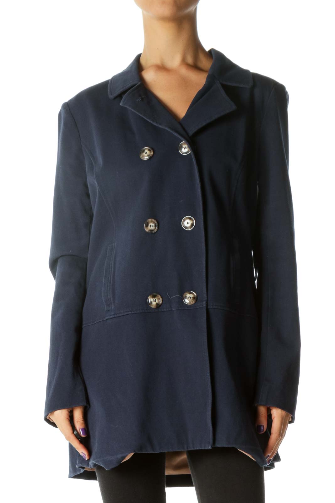 Navy Blue Double-Breasted Long Sleeve Coat (Missing Belt) Front