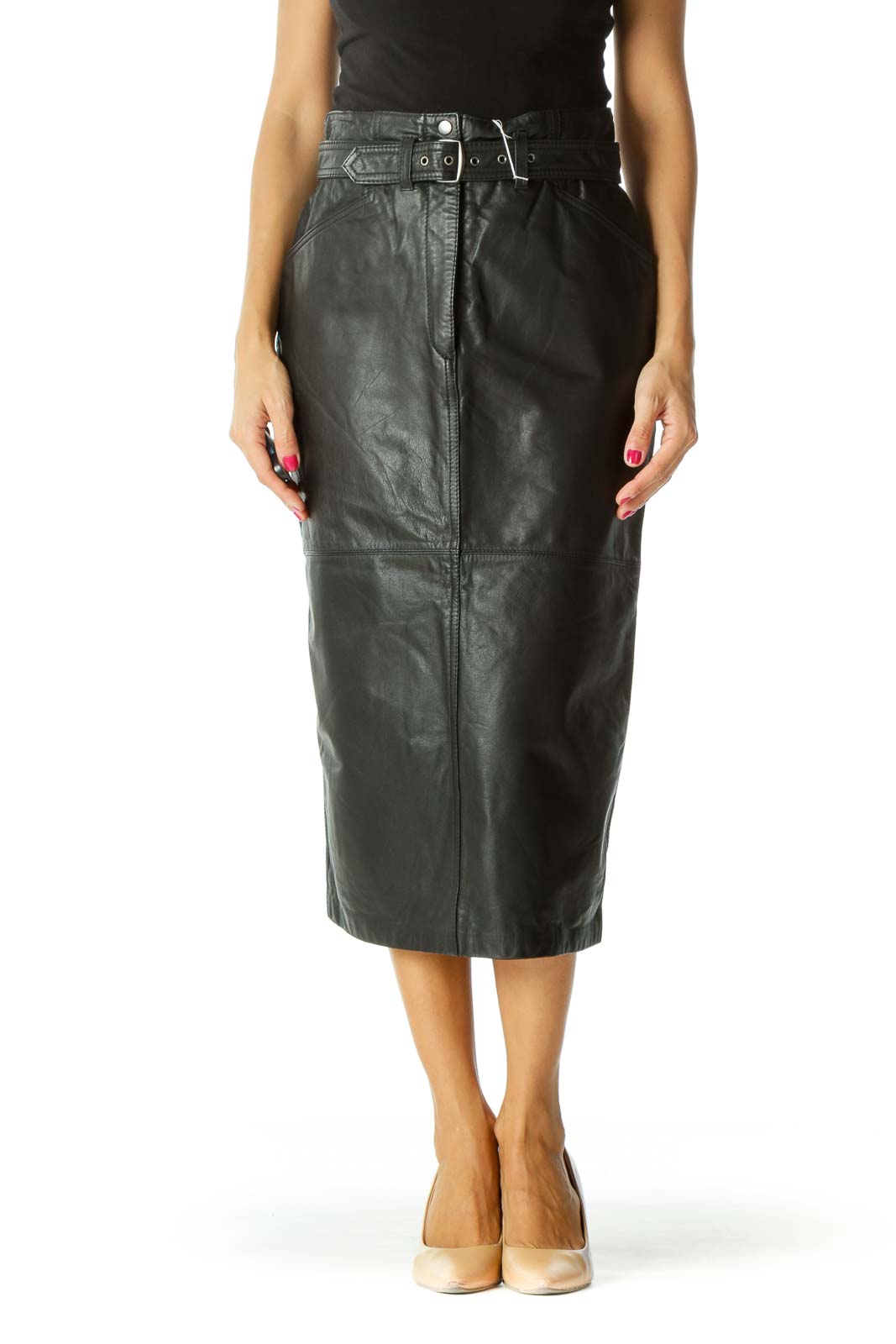Black Genuine Leather Belted Long Skirt Front