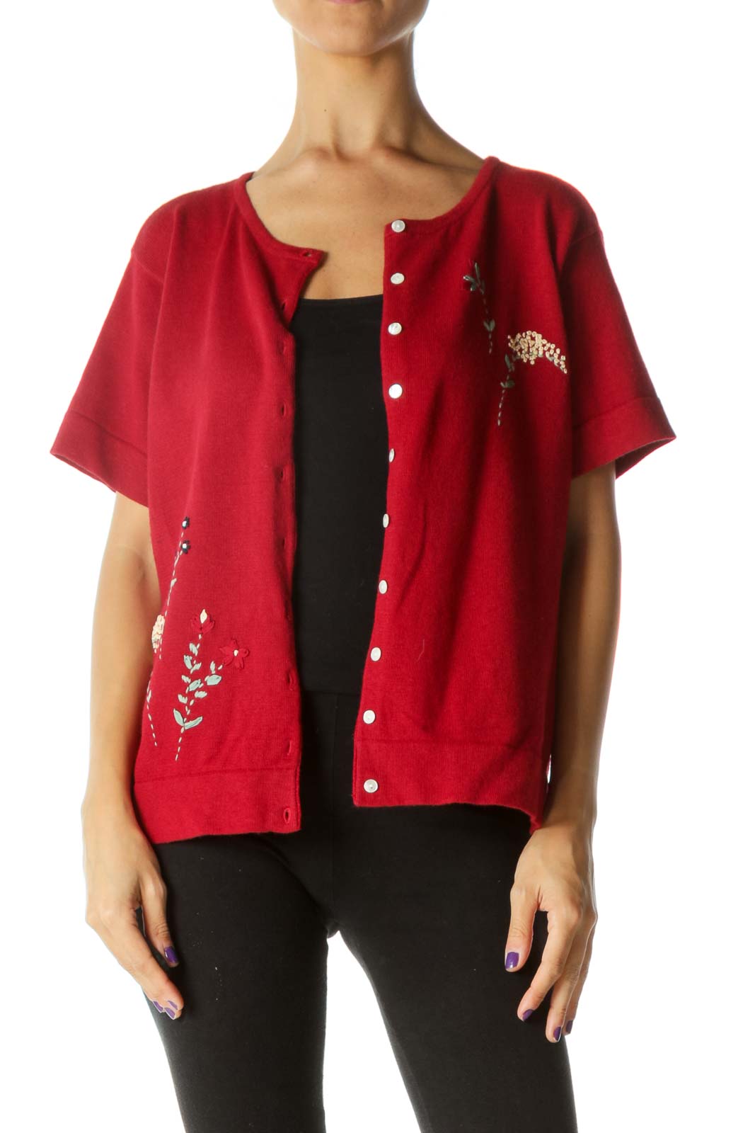 Red Embroidered Floral Short Cardigan Front