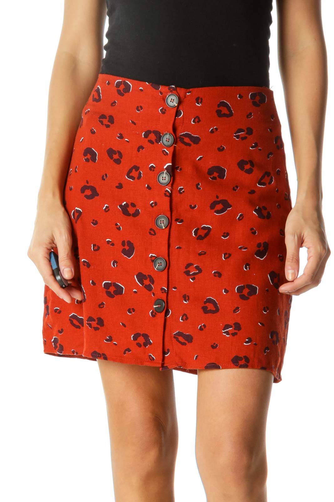 Brick Orange Black Animal Print Buttoned Thin A-Line Skirt Front