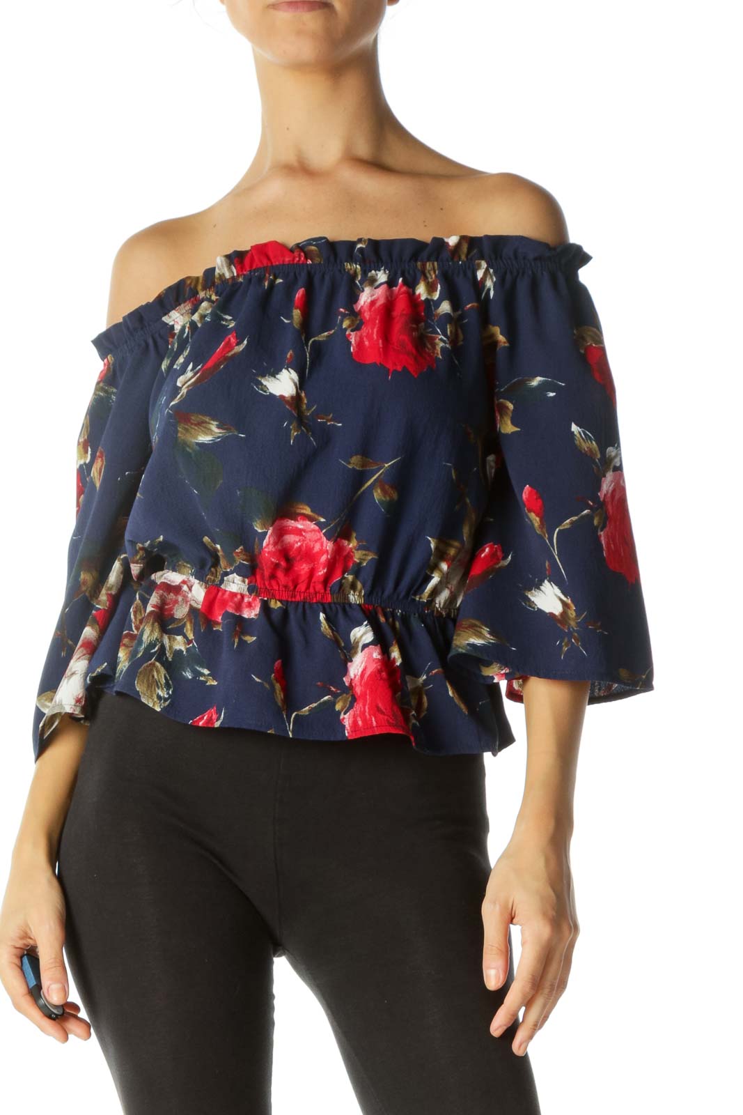 Navy Red Green Floral Print Flared Sleeves Elastic Waist Top Front