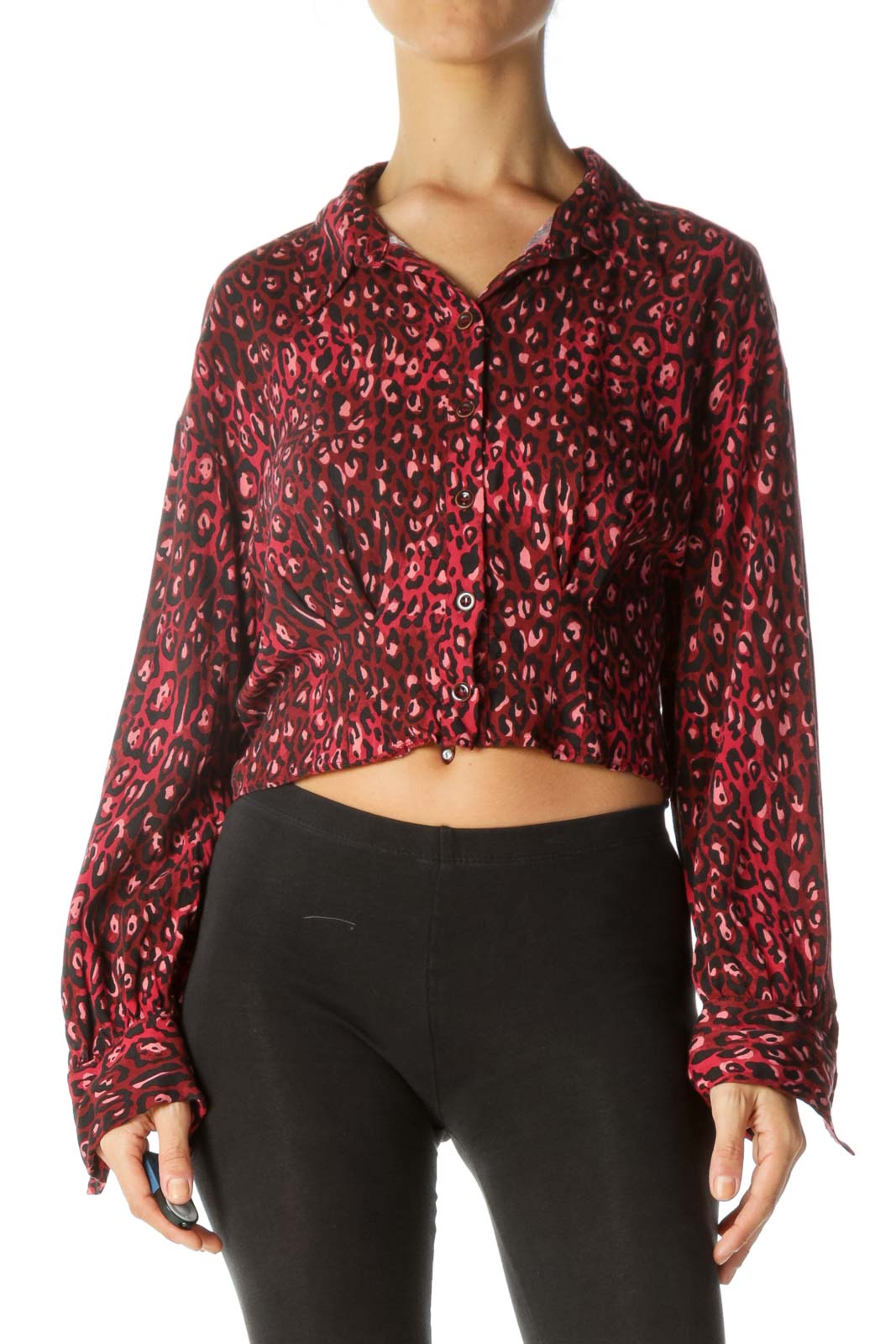 Burgundy Black Animal Print Long Sleeve Buttoned Top Front