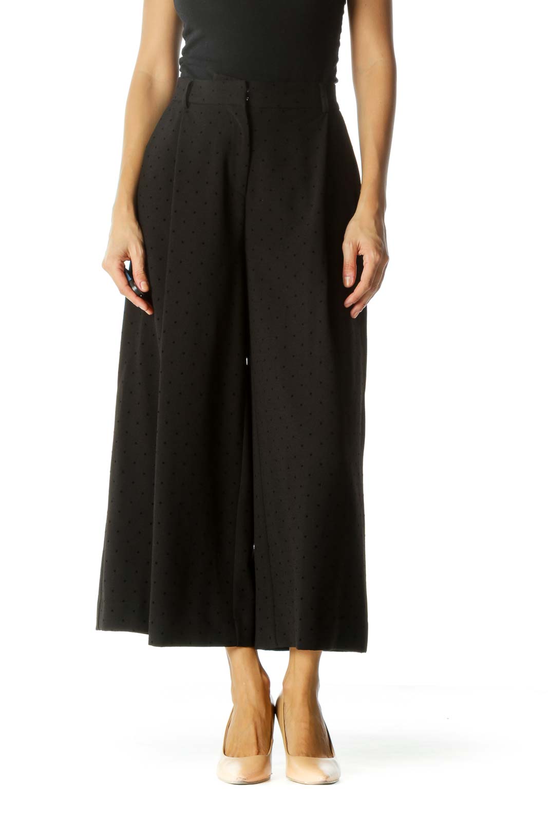 Black Jacquard Pleated Textured Wide Leg Pants Front