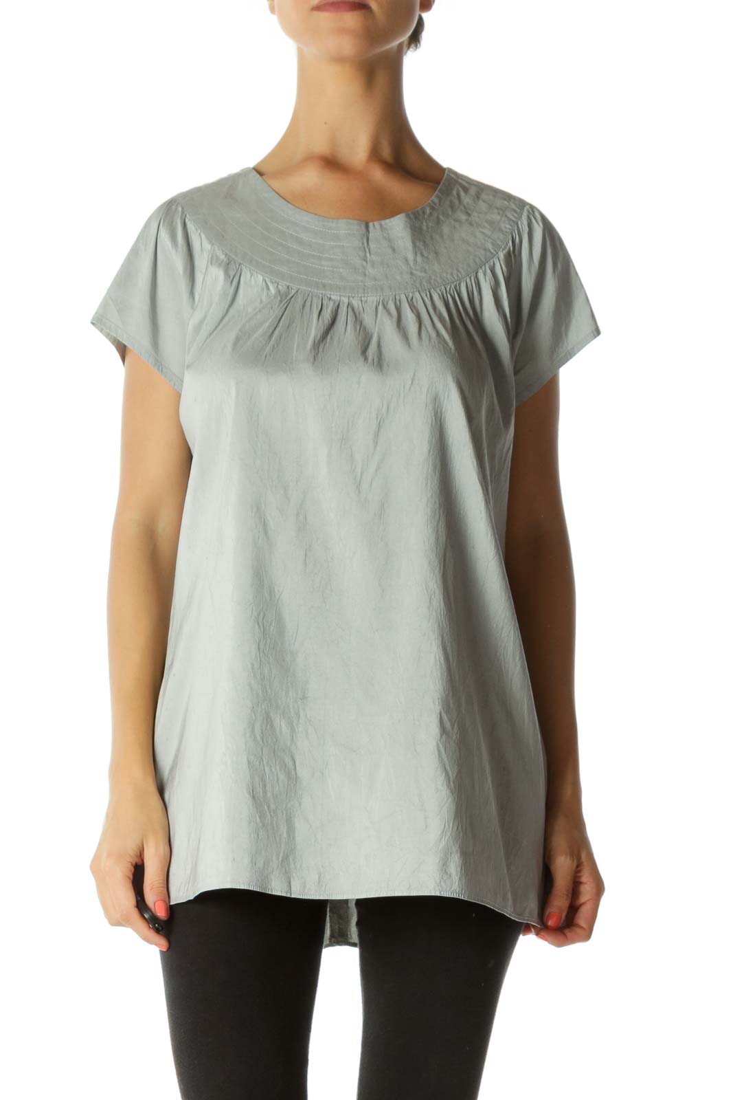 Silver Round-Neck Silk Blouse Front