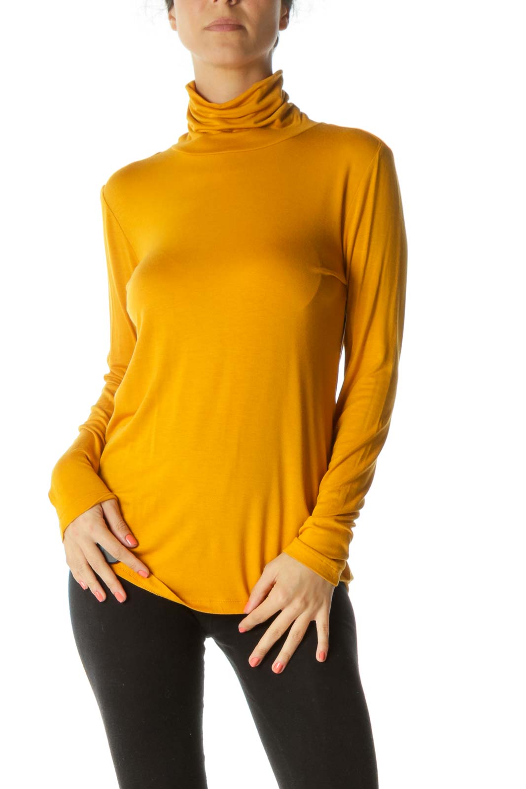 Mustard Yellow Turtle Neck Stretch Long-Sleeve Top Front
