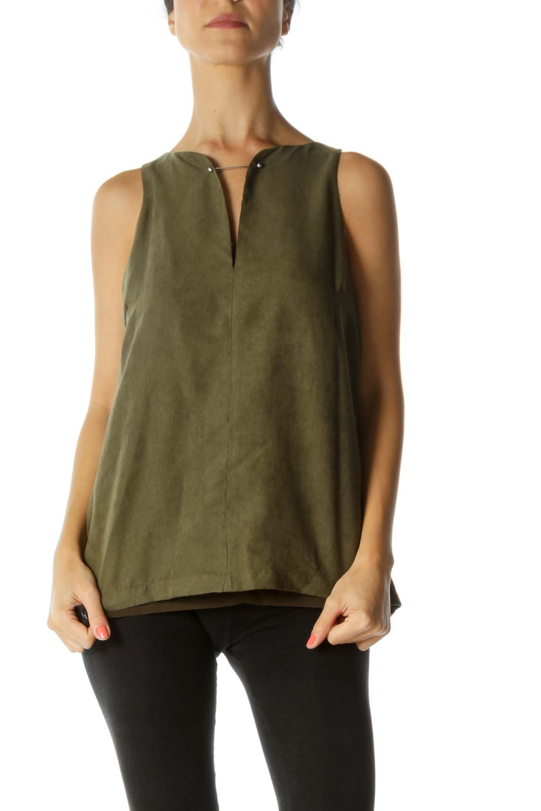 Olive Green Faux-Suede Metallic Detail Keyhole Lined Tank Top Front