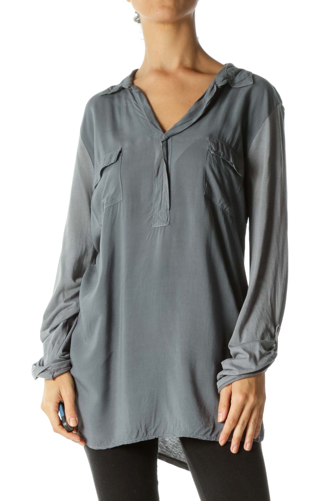 Gray Supima Cotton Blend Pocketed V-Neck Long Sleeve Light Top Front