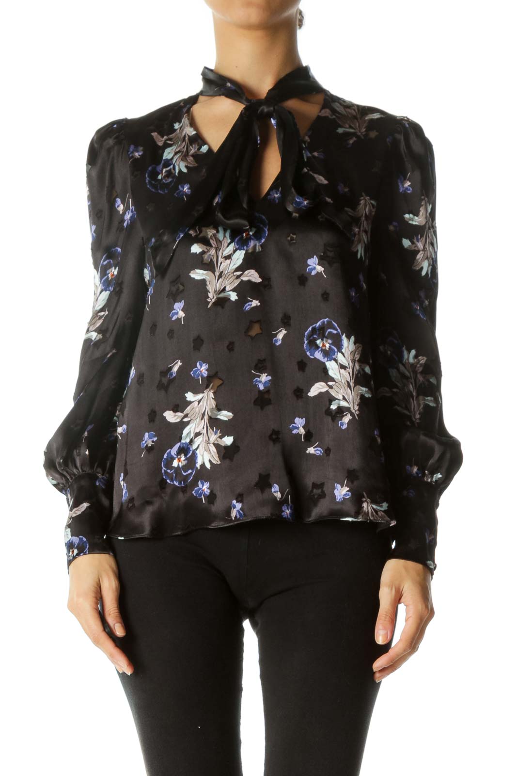 Black Blue Purple Print Textured-See-Through-Stars Appliques Tulle-Shoulder-Structuring Blouse Front