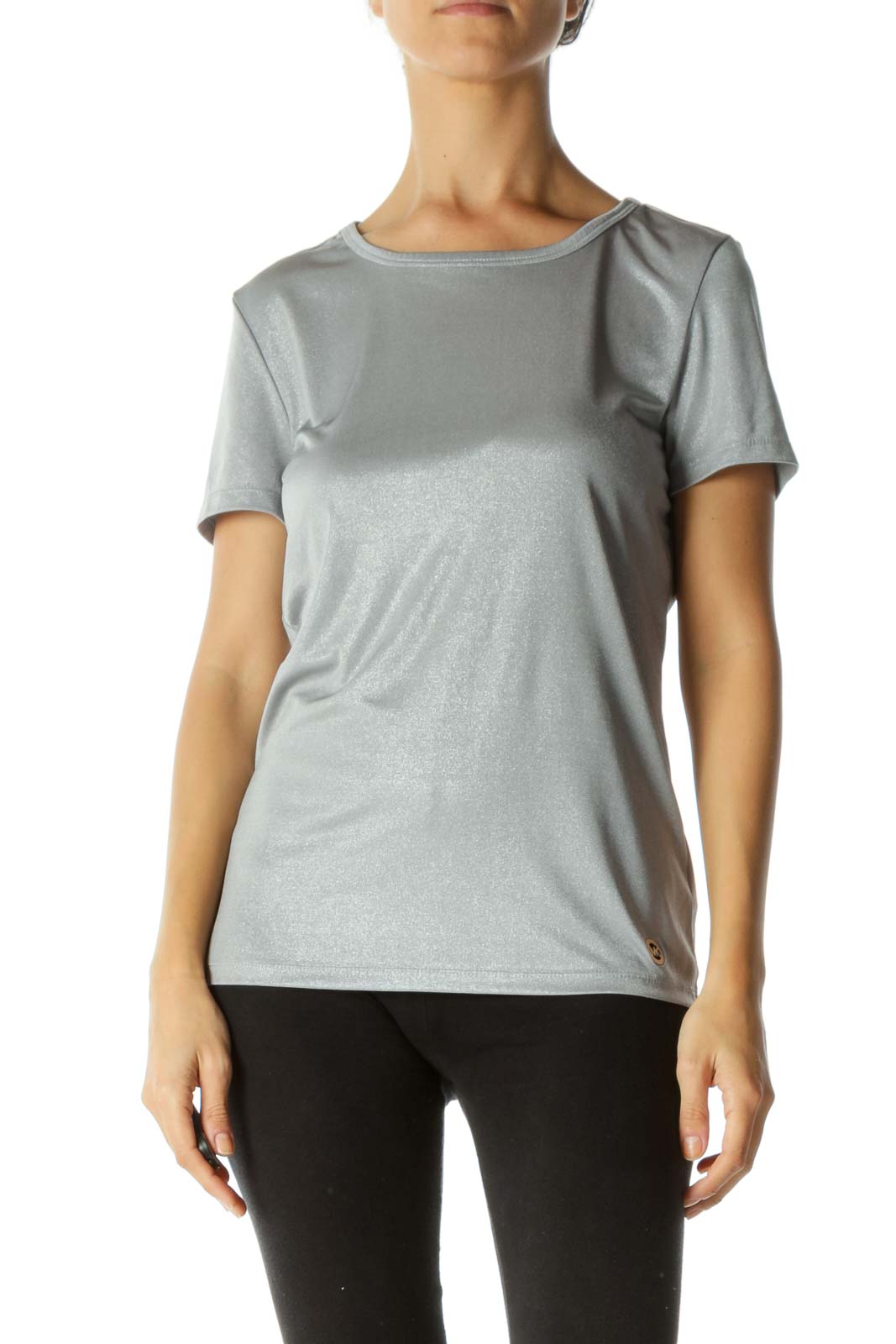 Silver Round Neck Short Sleeve Stretch Draped T-Shirt Front