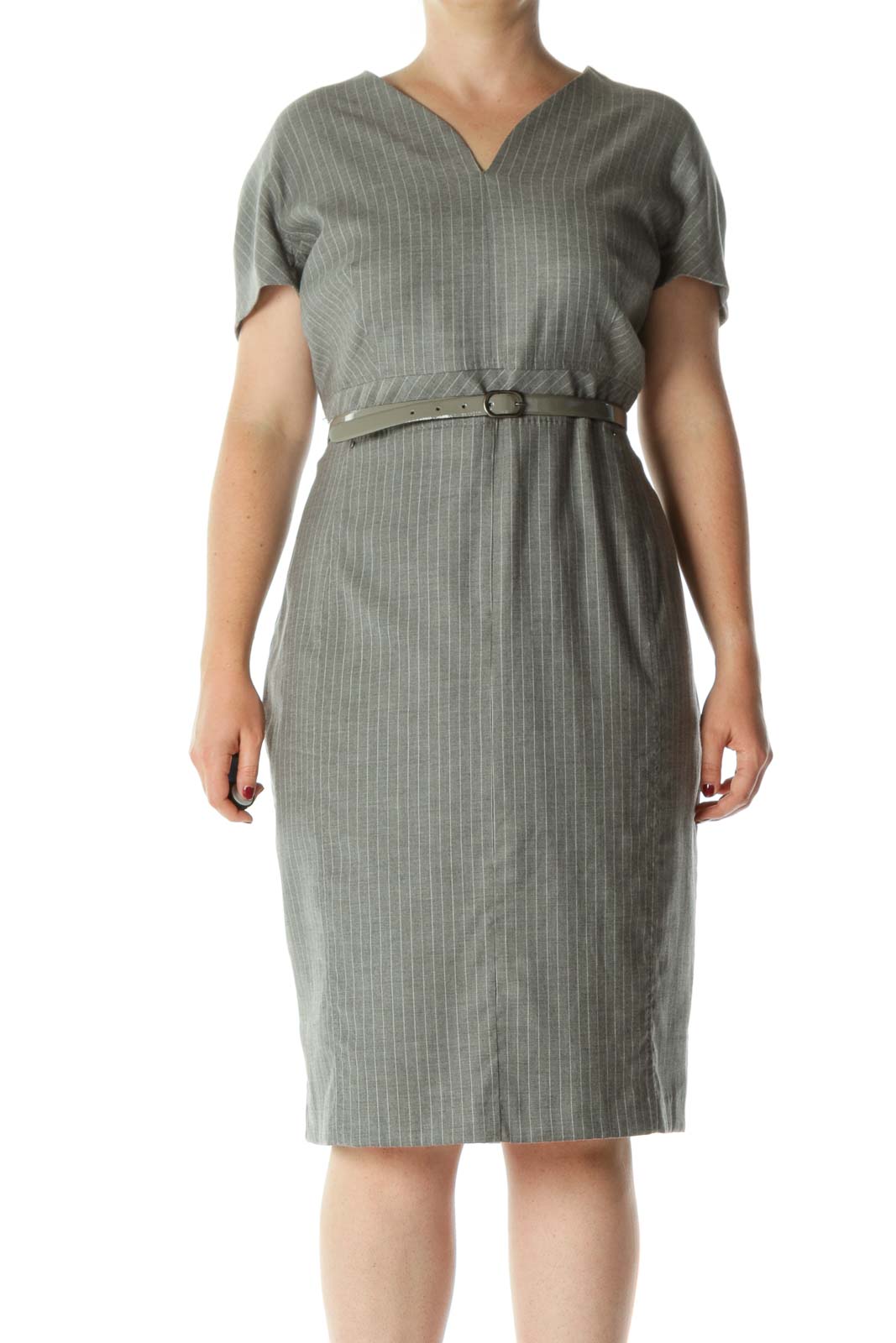 Gray Fleece Wool Blend V-Neck Striped Belted Stretc Dress Front