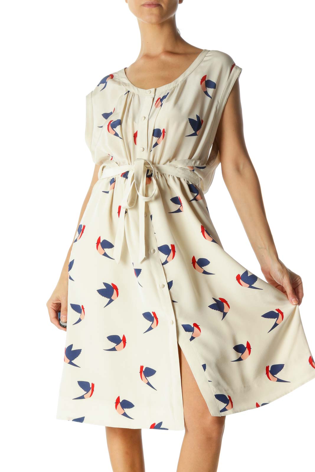 Cream Silk Birds Button-Down Midi Dress Front