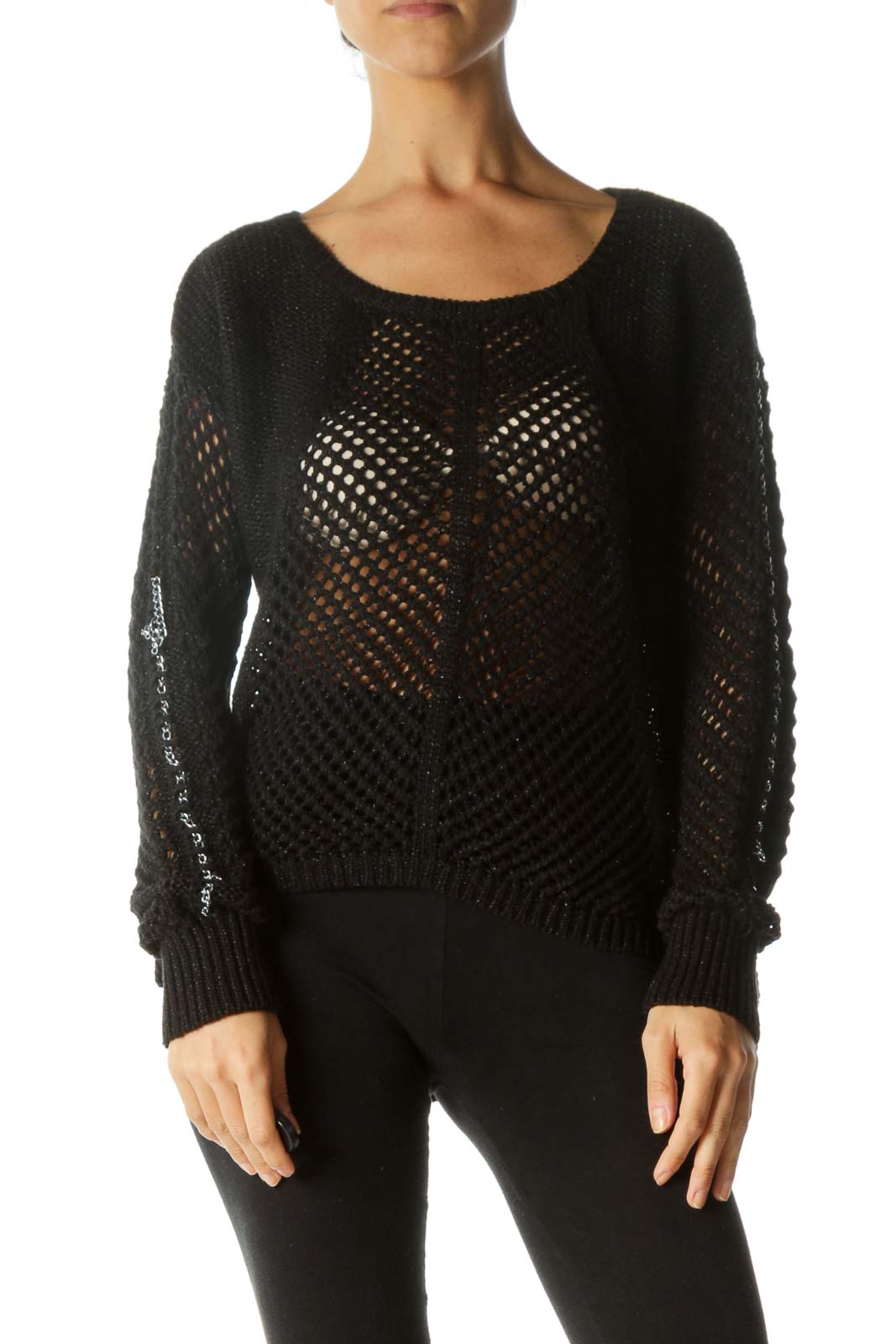 Black Silver Metallic Thread Soft-Touch Stretch Sleeve Chain Detail See-ThroughSweater Front
