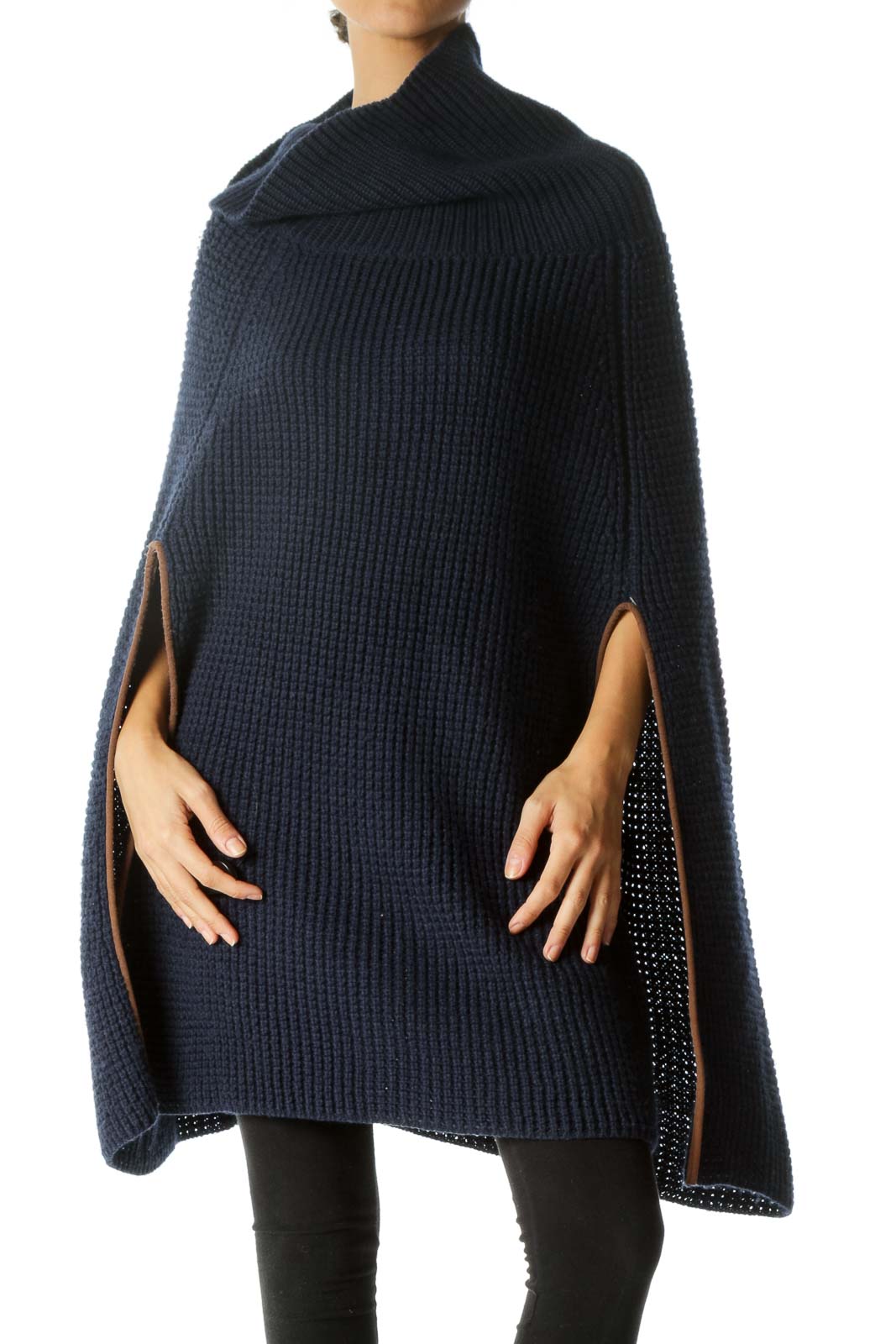 Navy Blue Brown Turtle Neck Knit Open Poncho Front