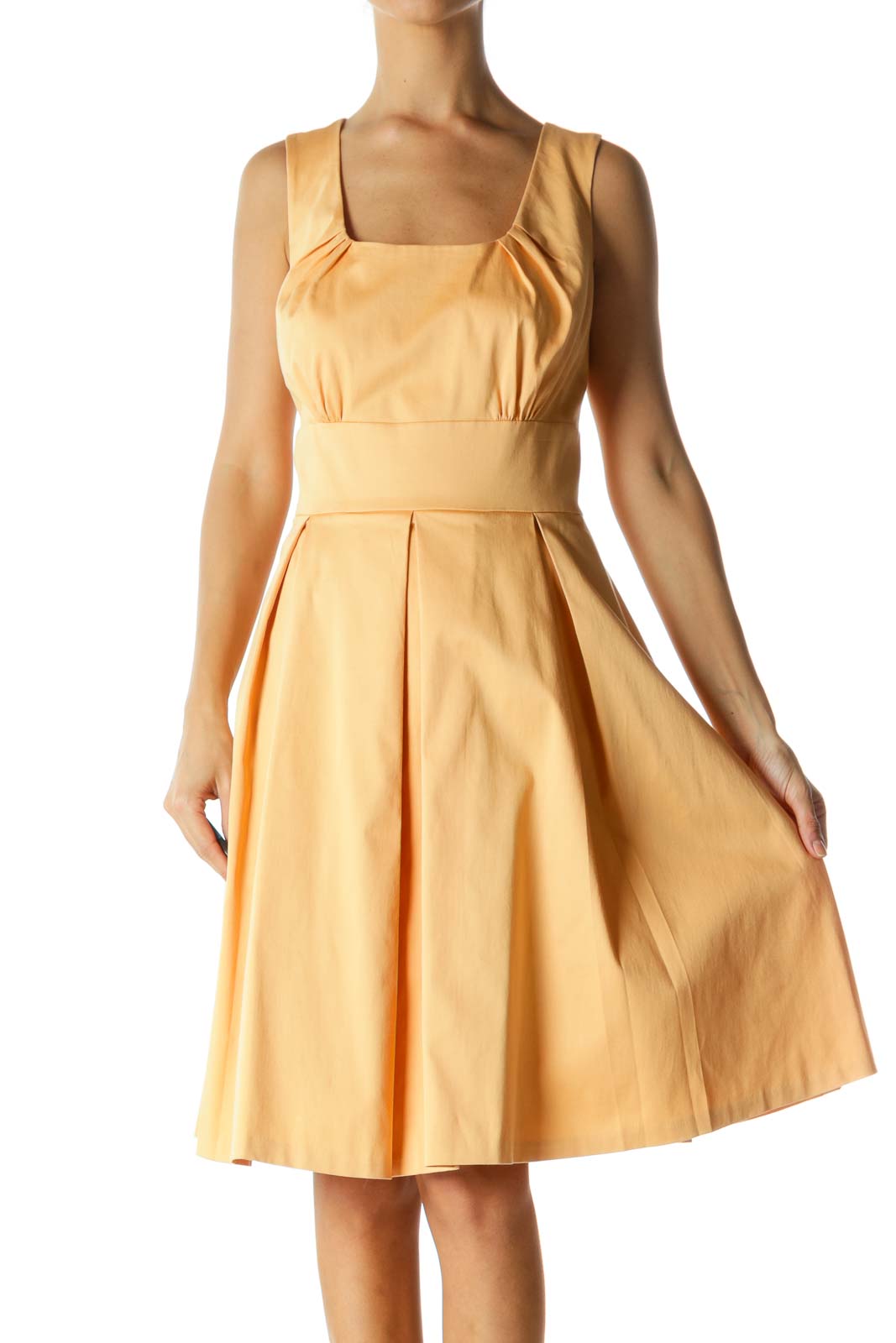 Light Orange Round Neck Scrunched Cinched Waist Dress Front