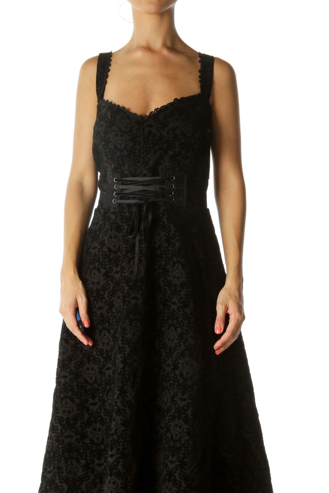 Black Movie Character Velvet Jacquard Front-Lace-Up Tulle Textured Stretch Dress Front