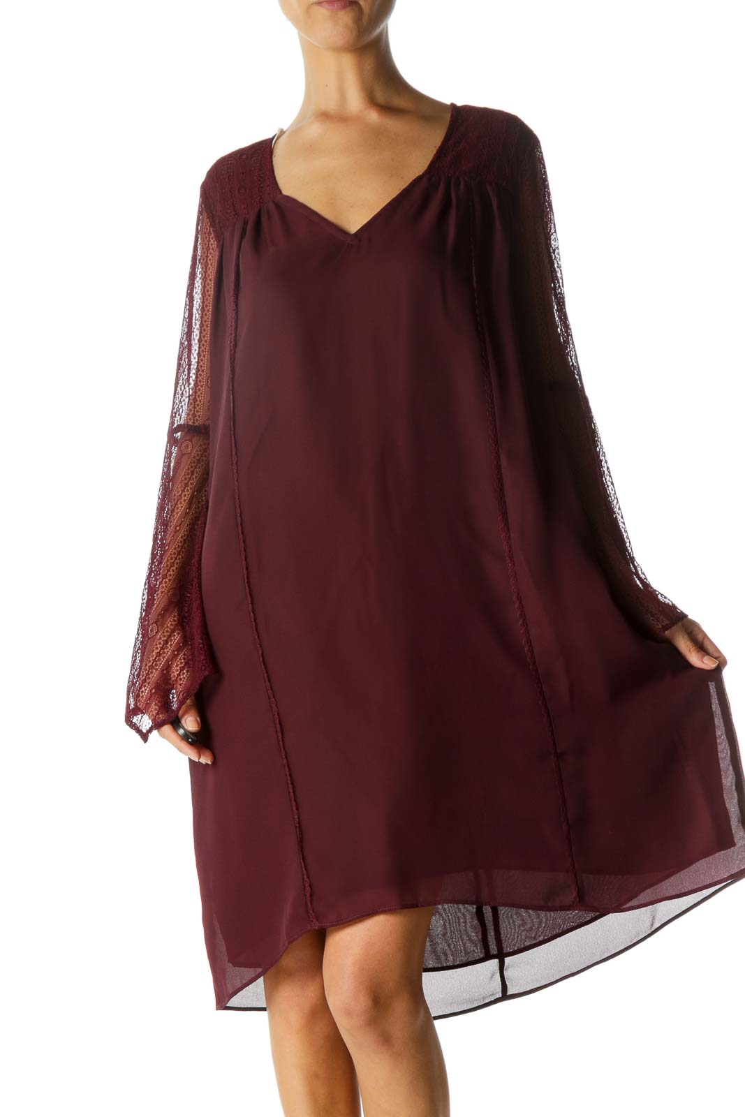 Burgundy V-Neck Stretch Lace Detail Long Sleeve Dress Front