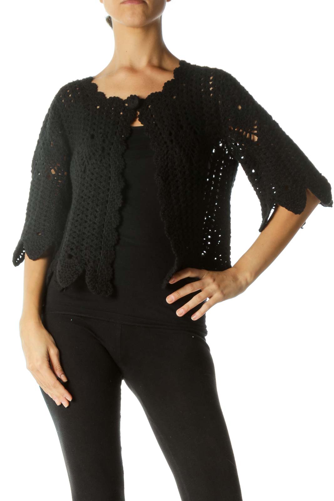 Black Soft 100% Long-Staple-Cotton Knit Single-Button Sweater Front
